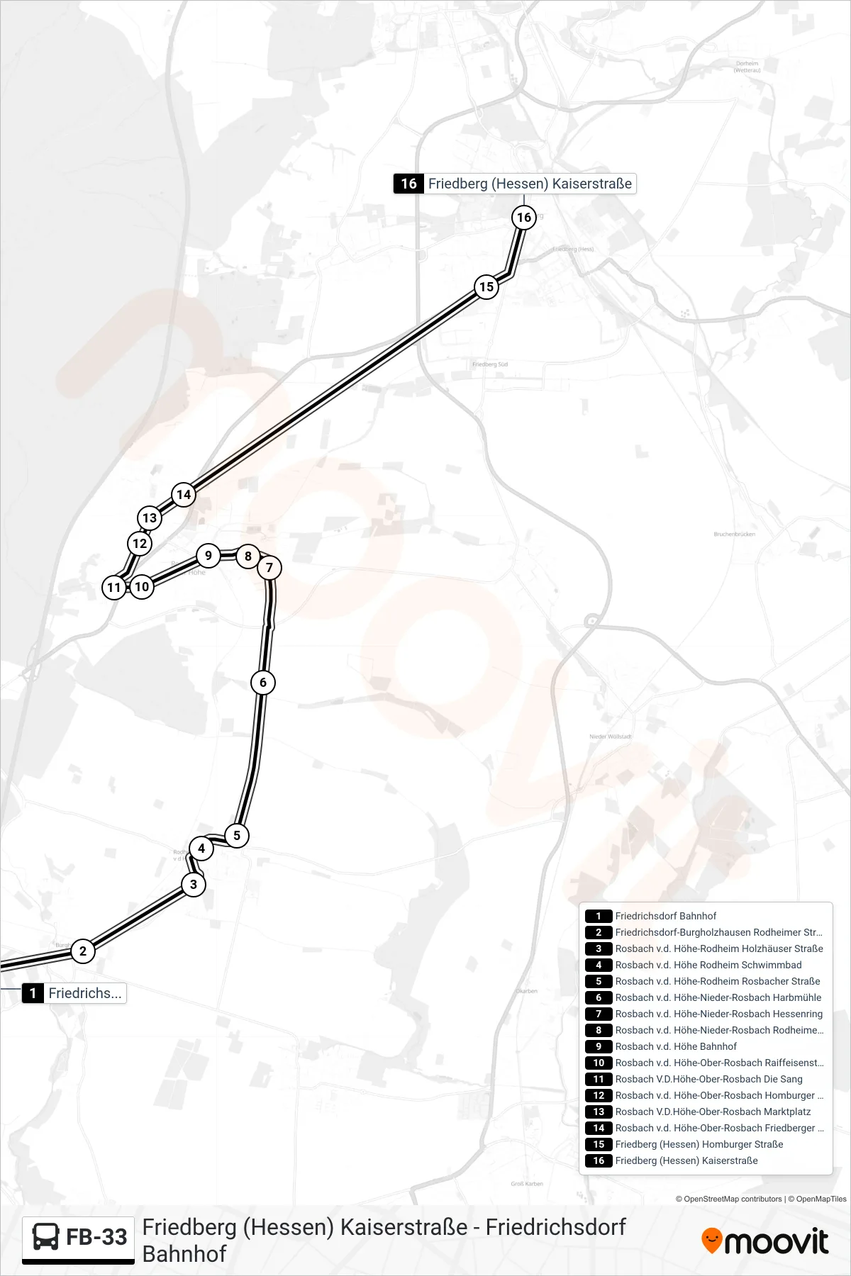 Linie FB-33 (Bus) Richtung Friedberg (Hessen) Kaiserstraße: Route und Haltestellen auf der Karte