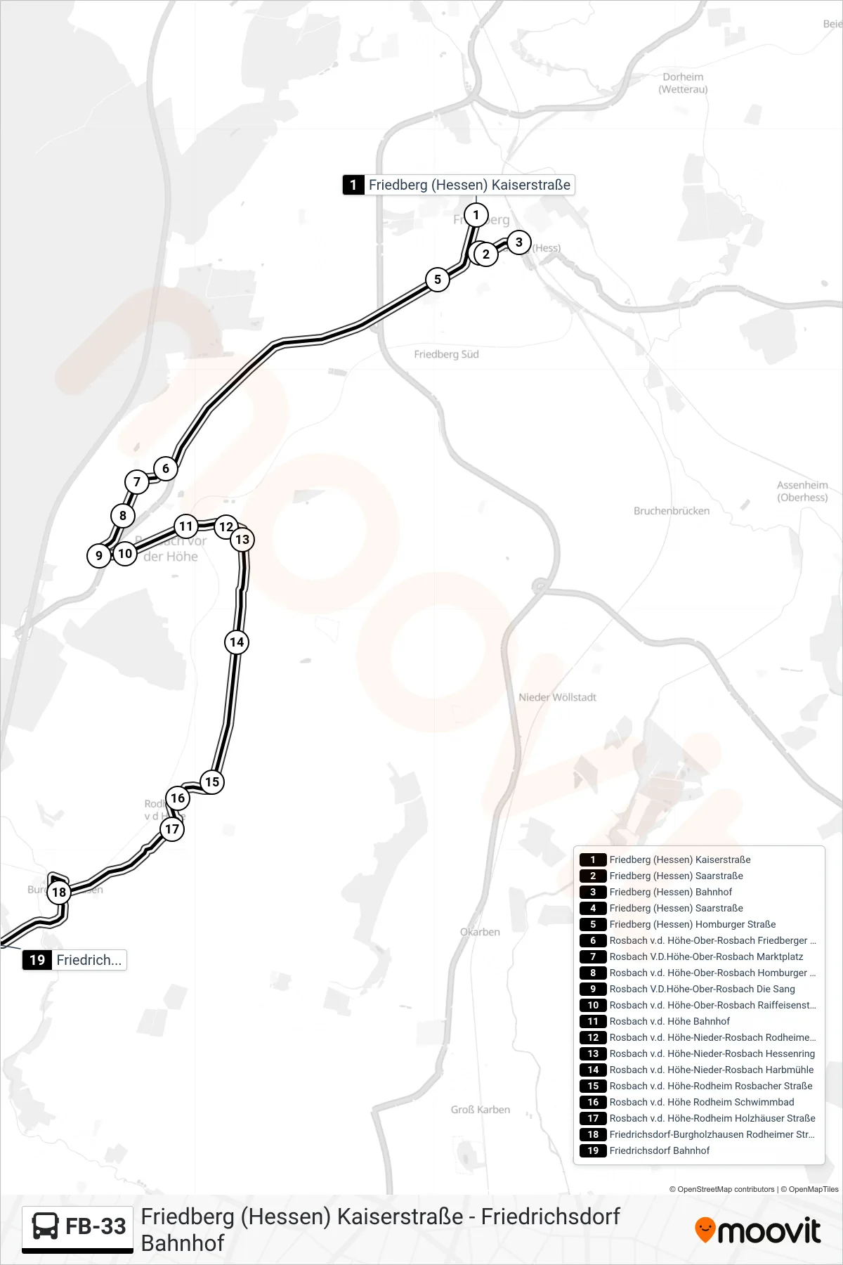FB-33 bus Line (Friedrichsdorf Bahnhof) route and stops on a map