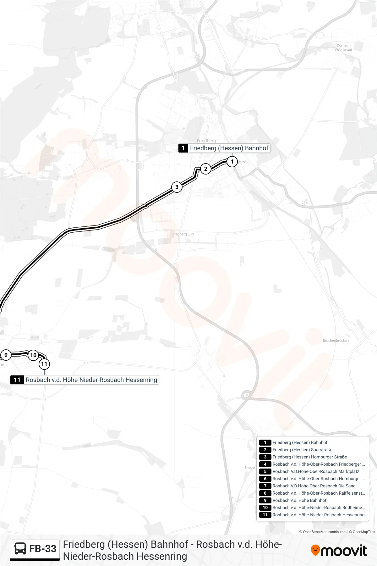 FB-33 bus Line (Rosbach v.d. Höhe-Nieder-Rosbach Hessenring) route and stops on a map