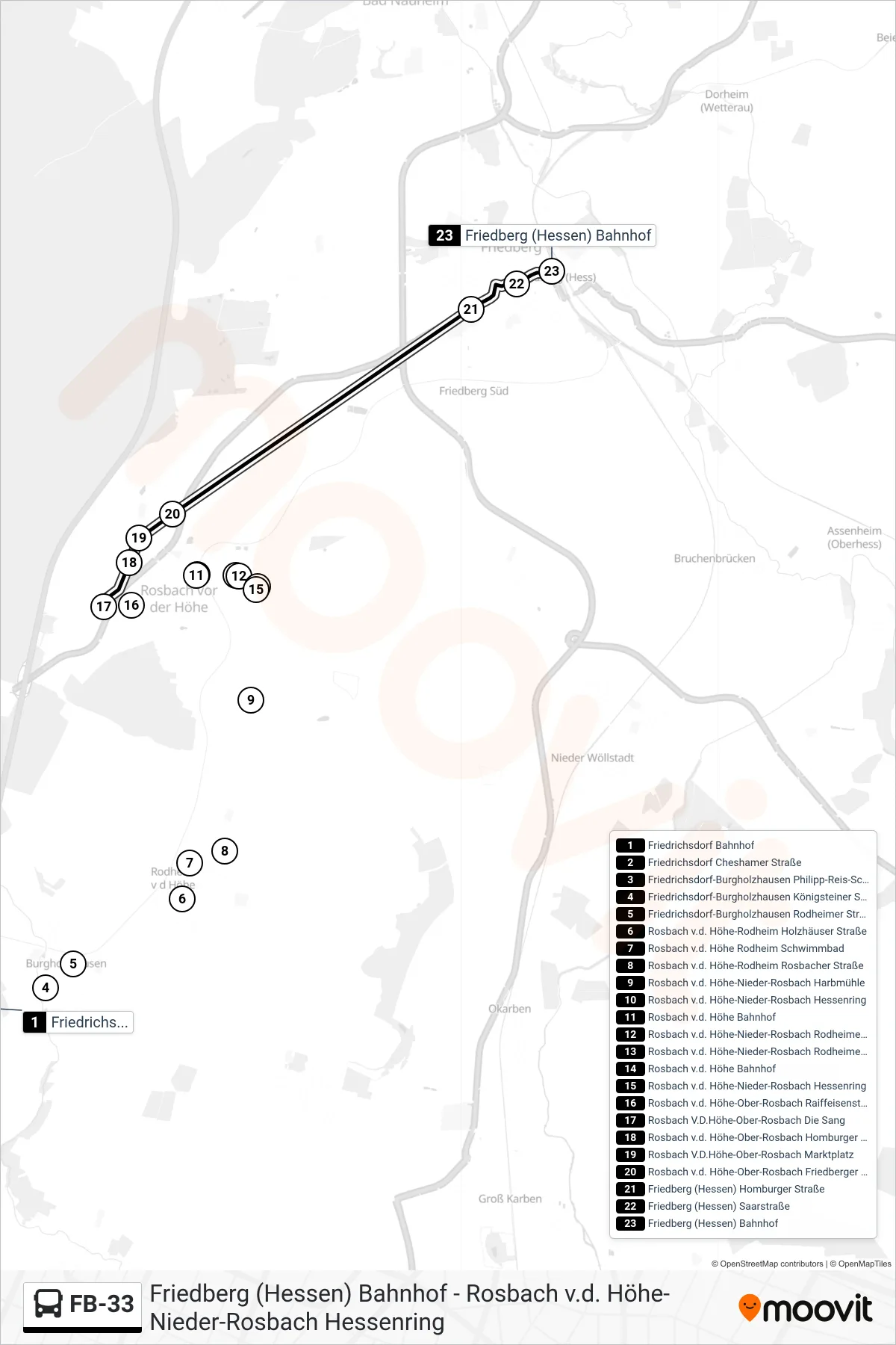 FB-33 bus Line (Friedberg (Hessen) Bahnhof) route and stops on a map