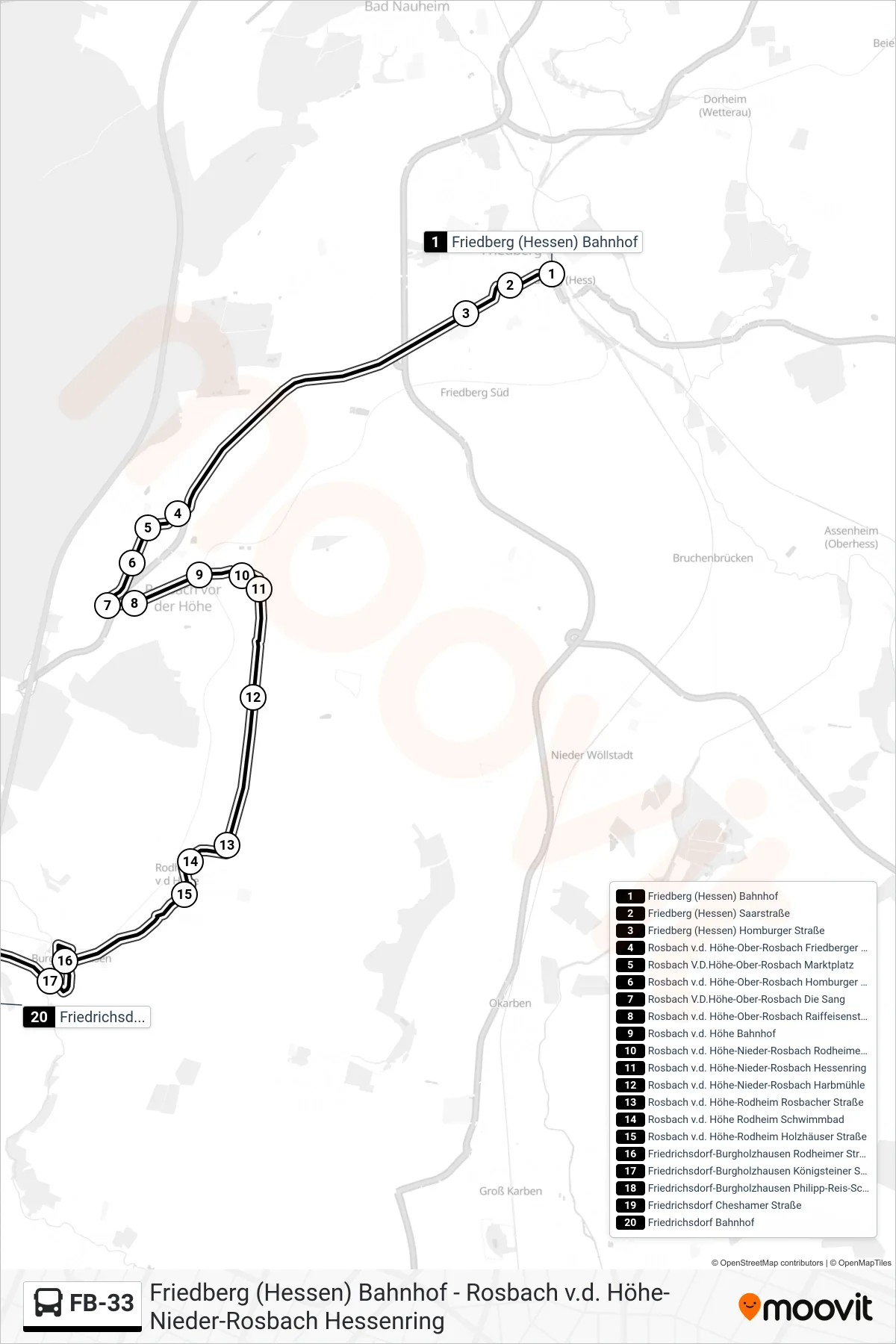 FB-33 bus Line (Friedrichsdorf Bahnhof) route and stops on a map