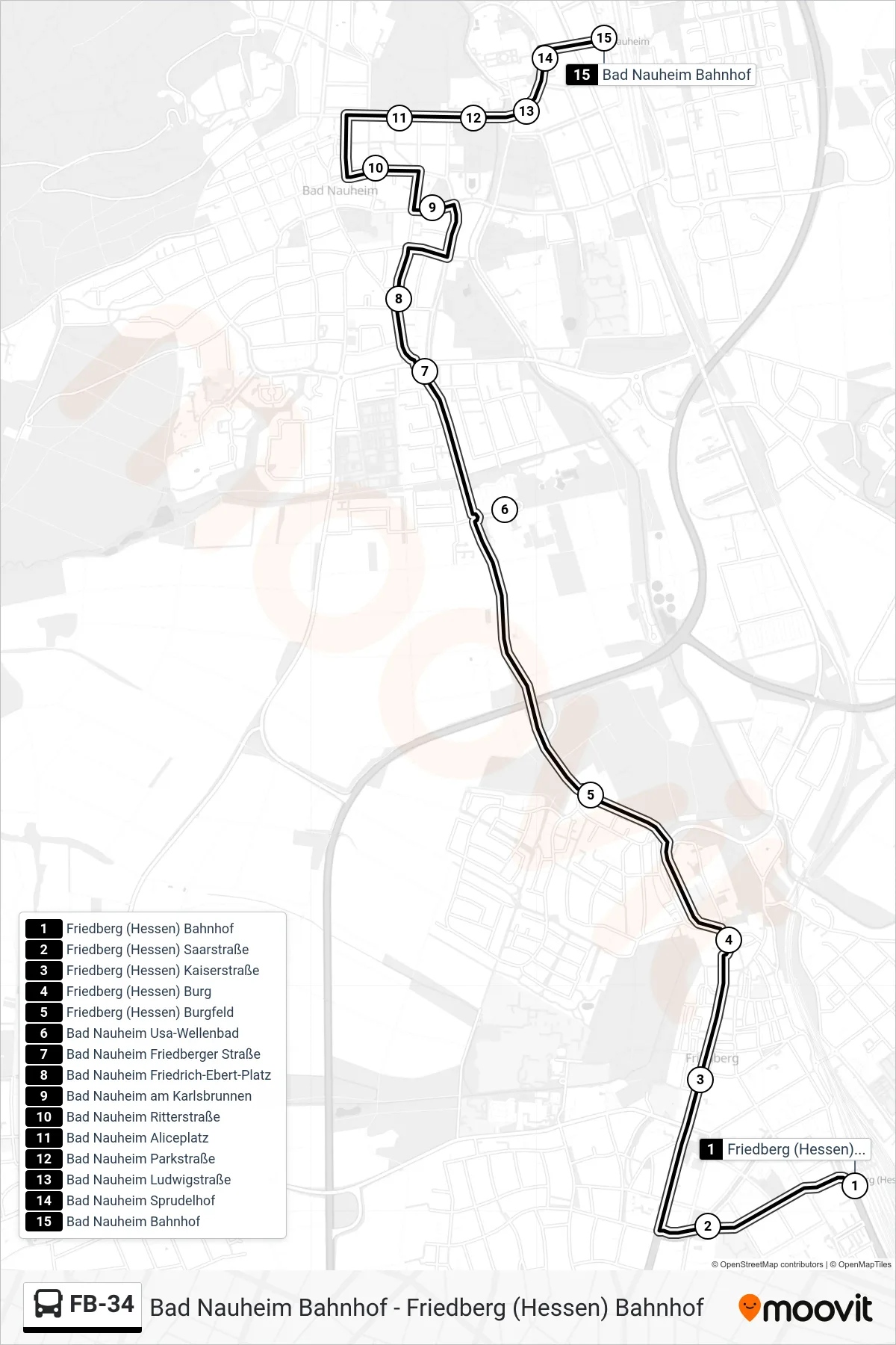 FB-34 bus Line (Bad Nauheim Bahnhof) route and stops on a map