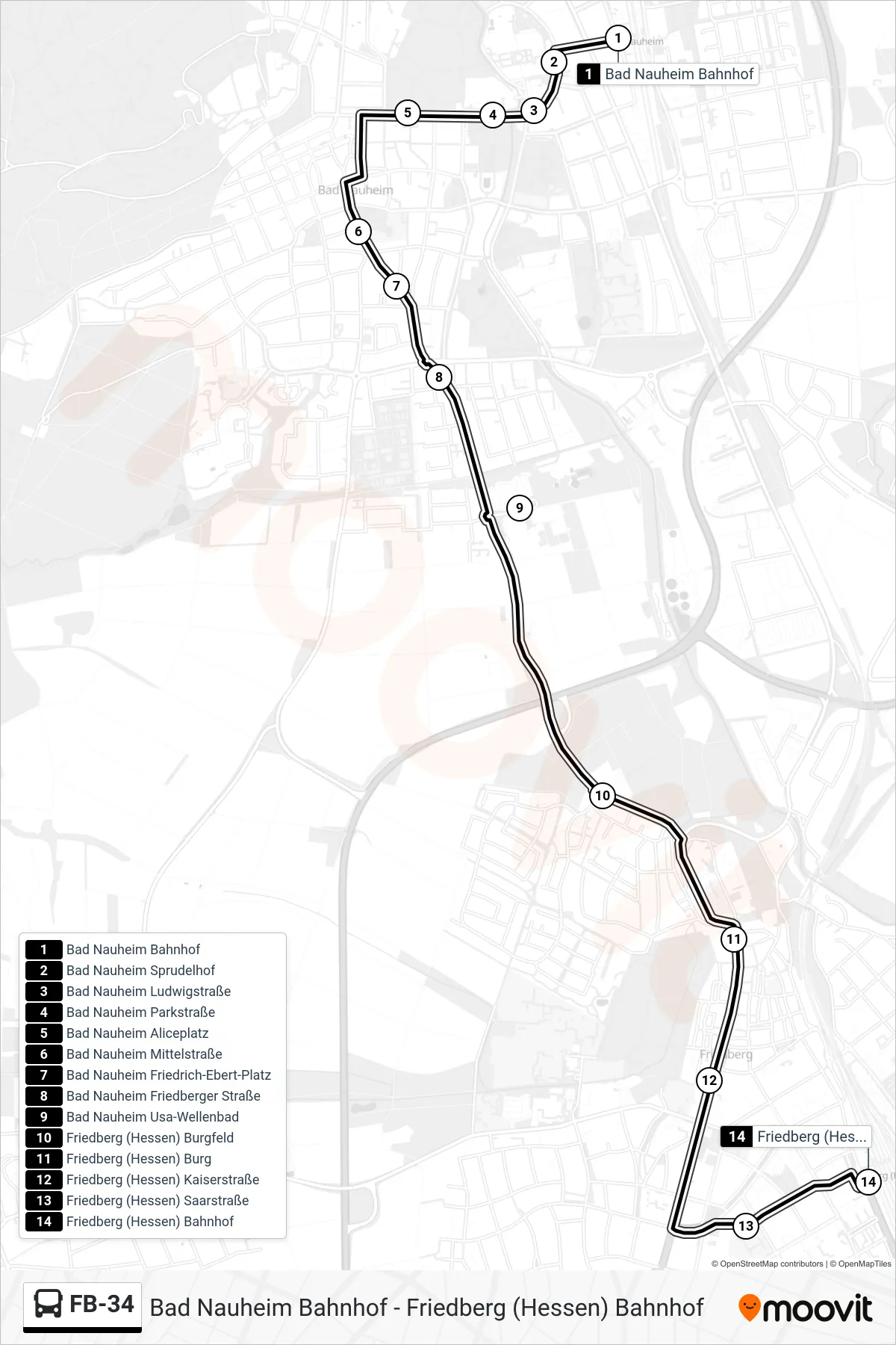 FB-34 bus Line (Friedberg (Hessen) Bahnhof) route and stops on a map