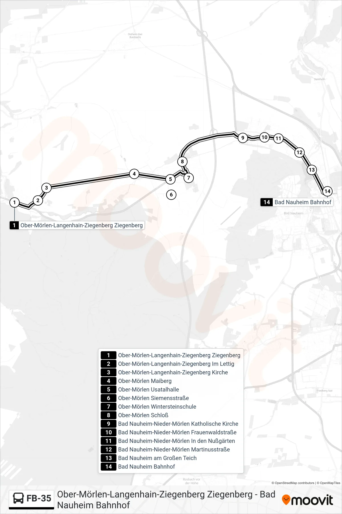 FB-35 bus Line (Bad Nauheim Bahnhof) route and stops on a map