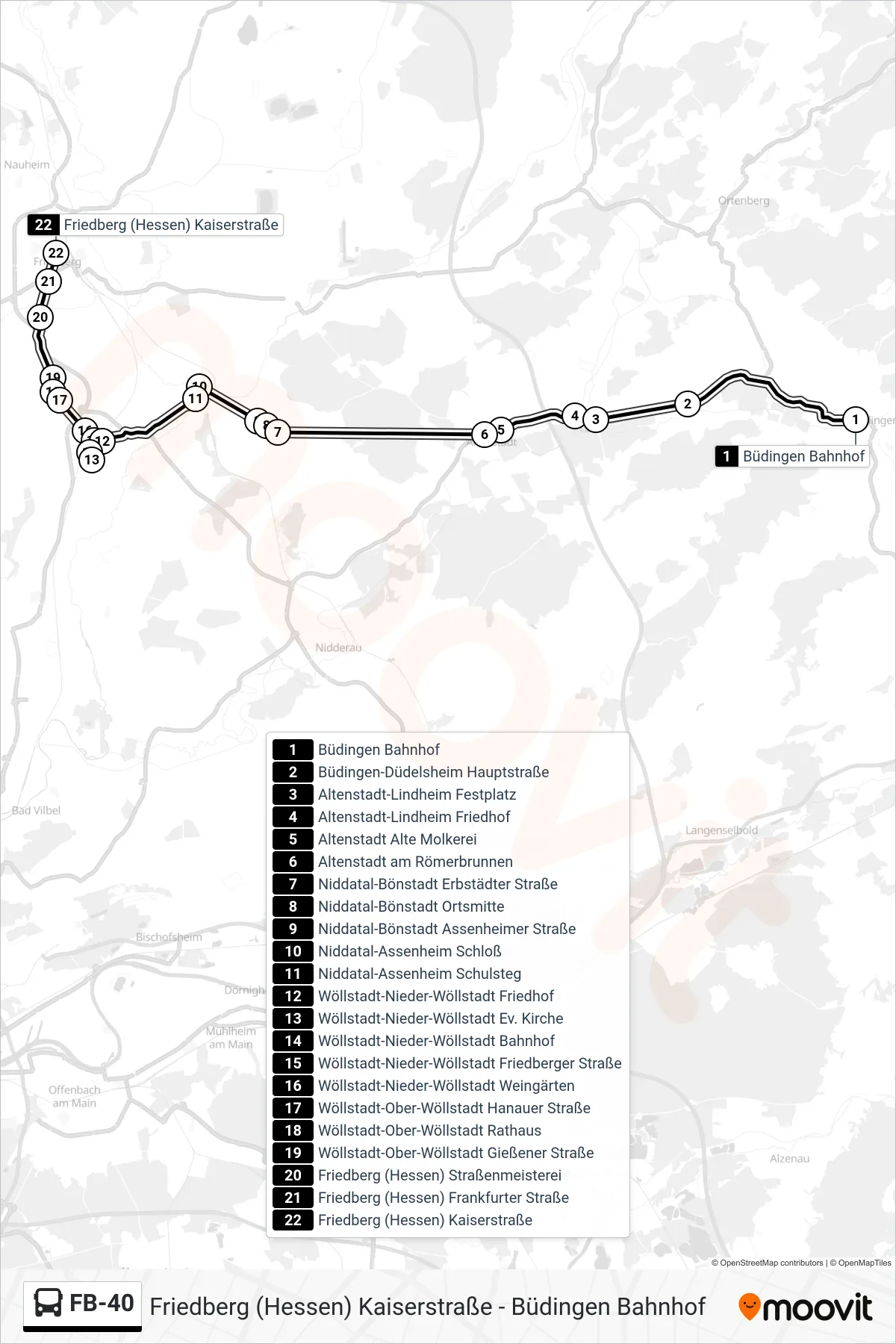 FB-40 bus Line (Friedberg (Hessen) Kaiserstraße) route and stops on a map
