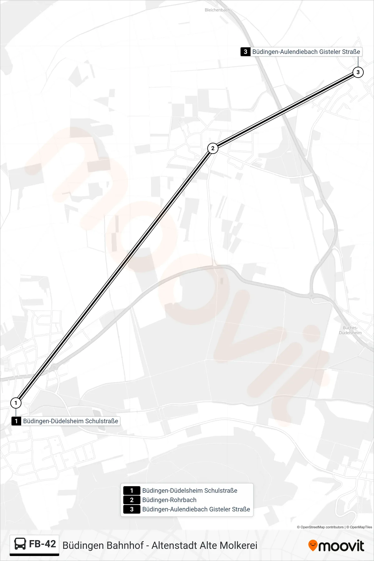 FB-42 bus Line (Büdingen-Aulendiebach Gisteler Straße) route and stops on a map