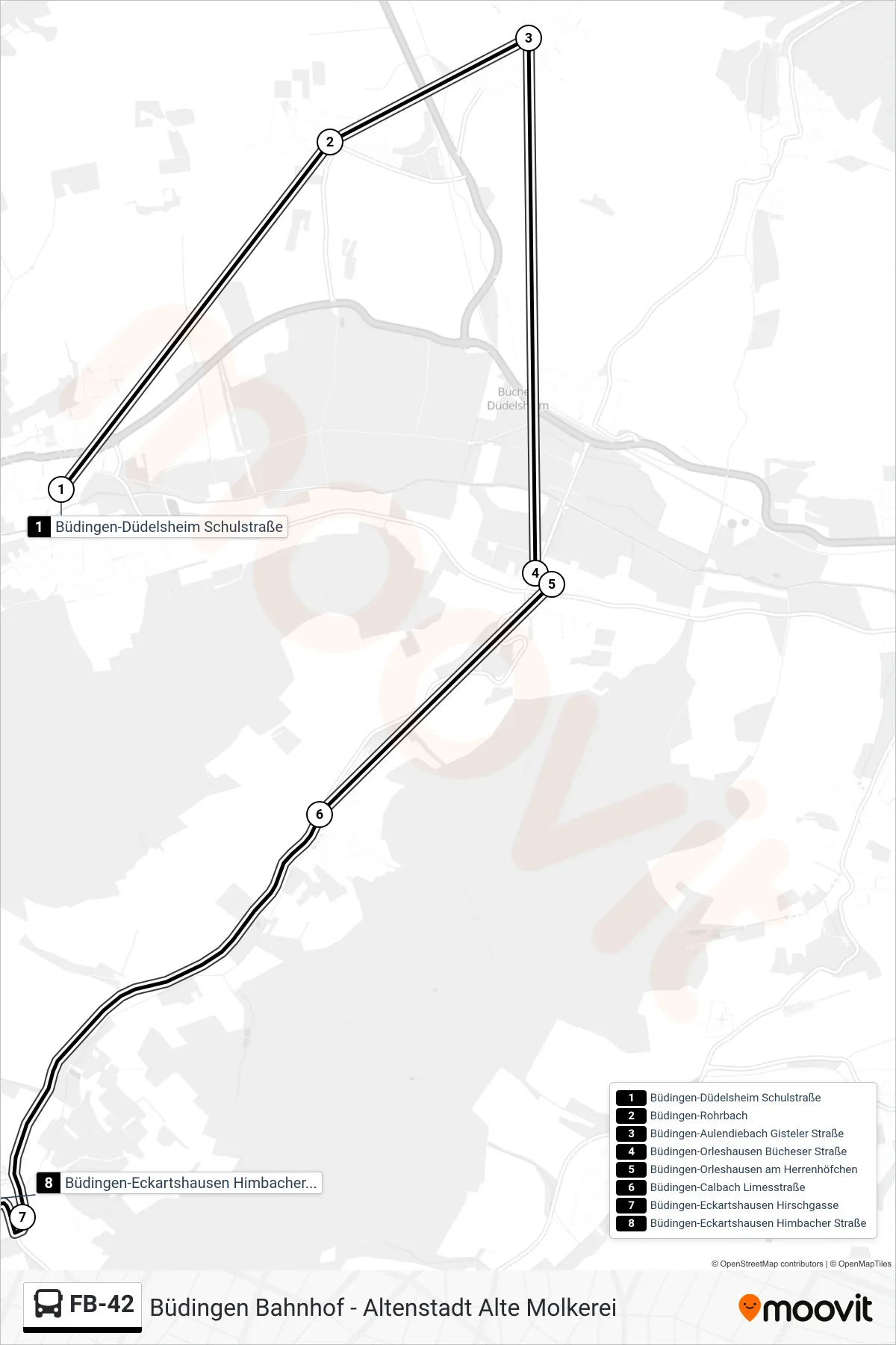 FB-42 bus Line (Büdingen-Eckartshausen Himbacher Straße) route and stops on a map