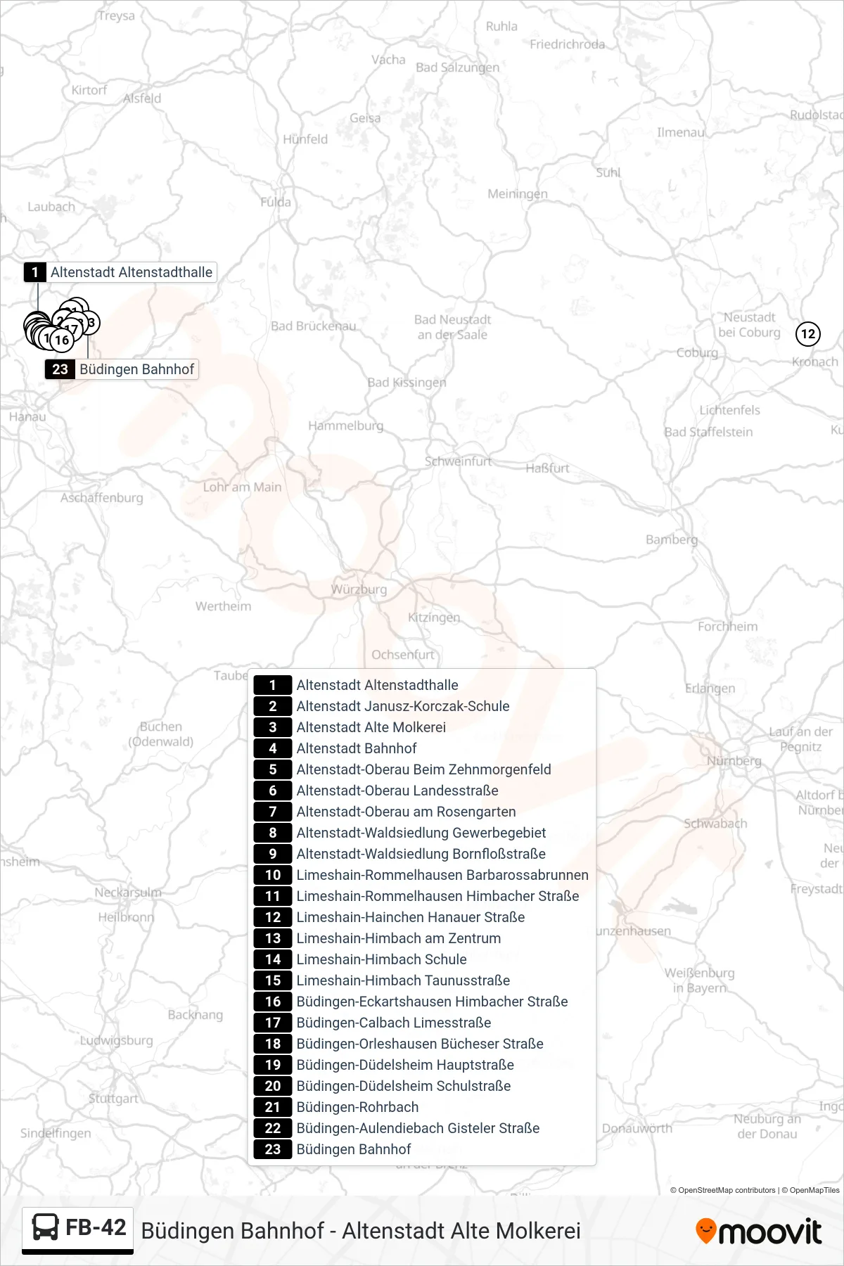 FB-42 bus Line (Büdingen Bahnhof) route and stops on a map