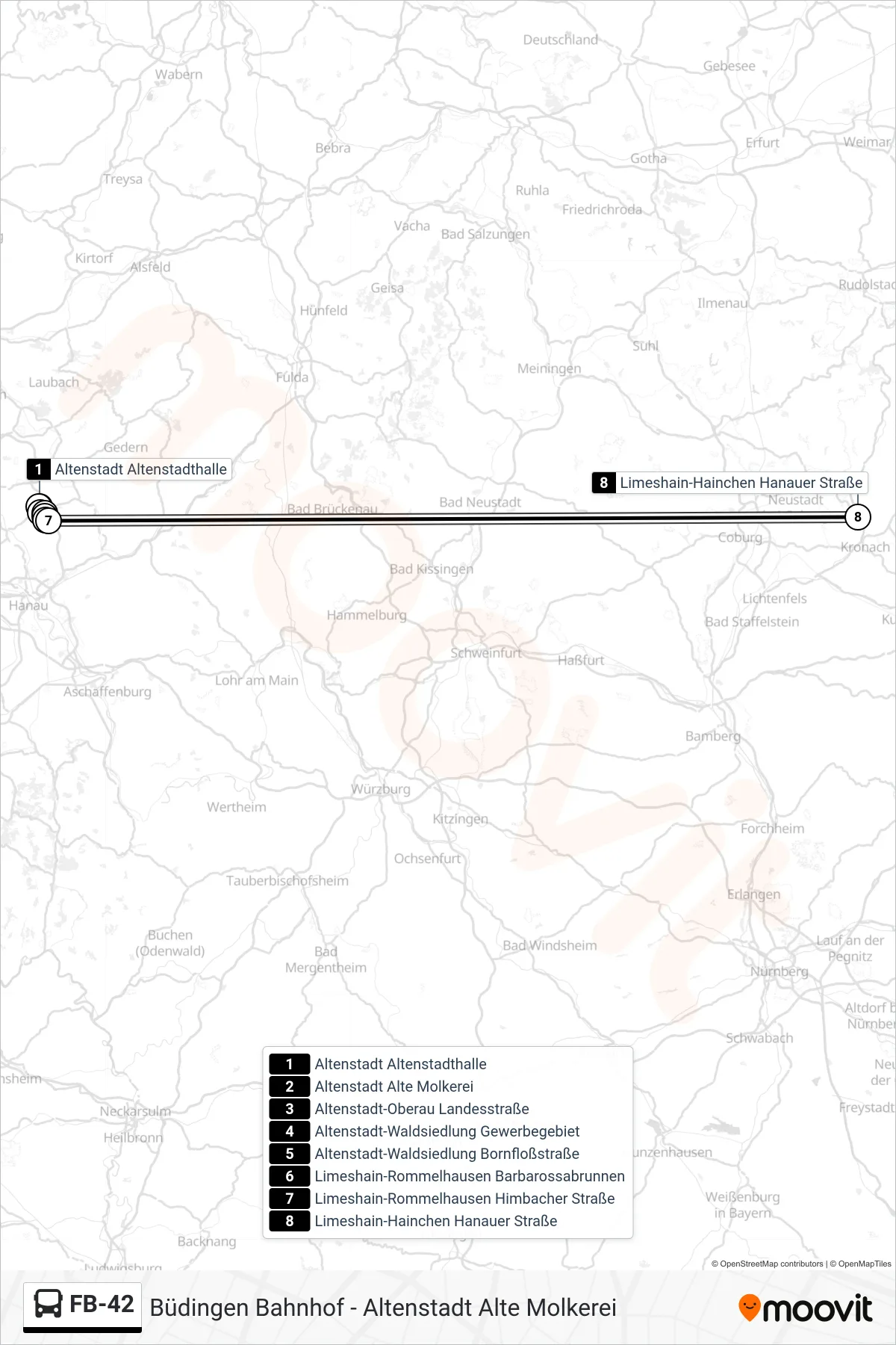 FB-42 bus Line (Limeshain-Hainchen Hanauer Straße) route and stops on a map