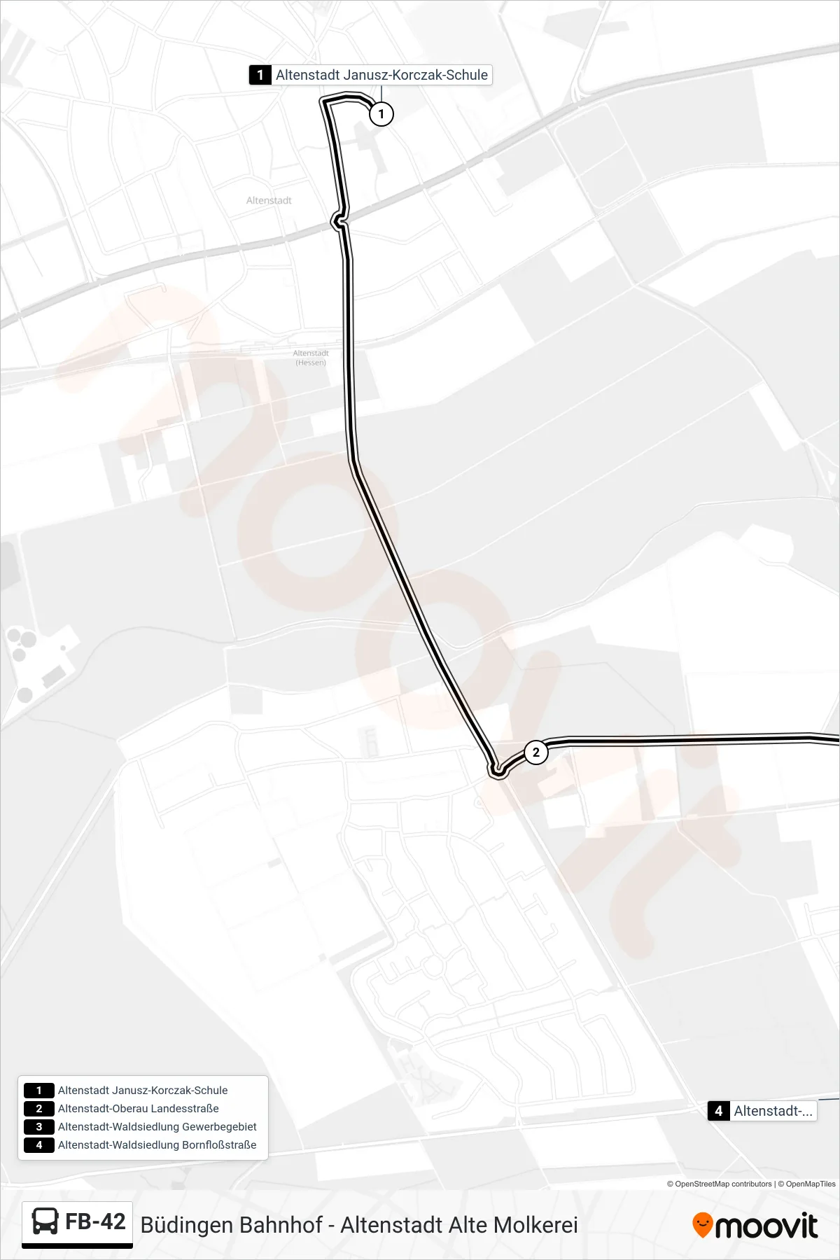 FB-42 bus Line (Altenstadt-Waldsiedlung Bornfloßstraße) route and stops on a map