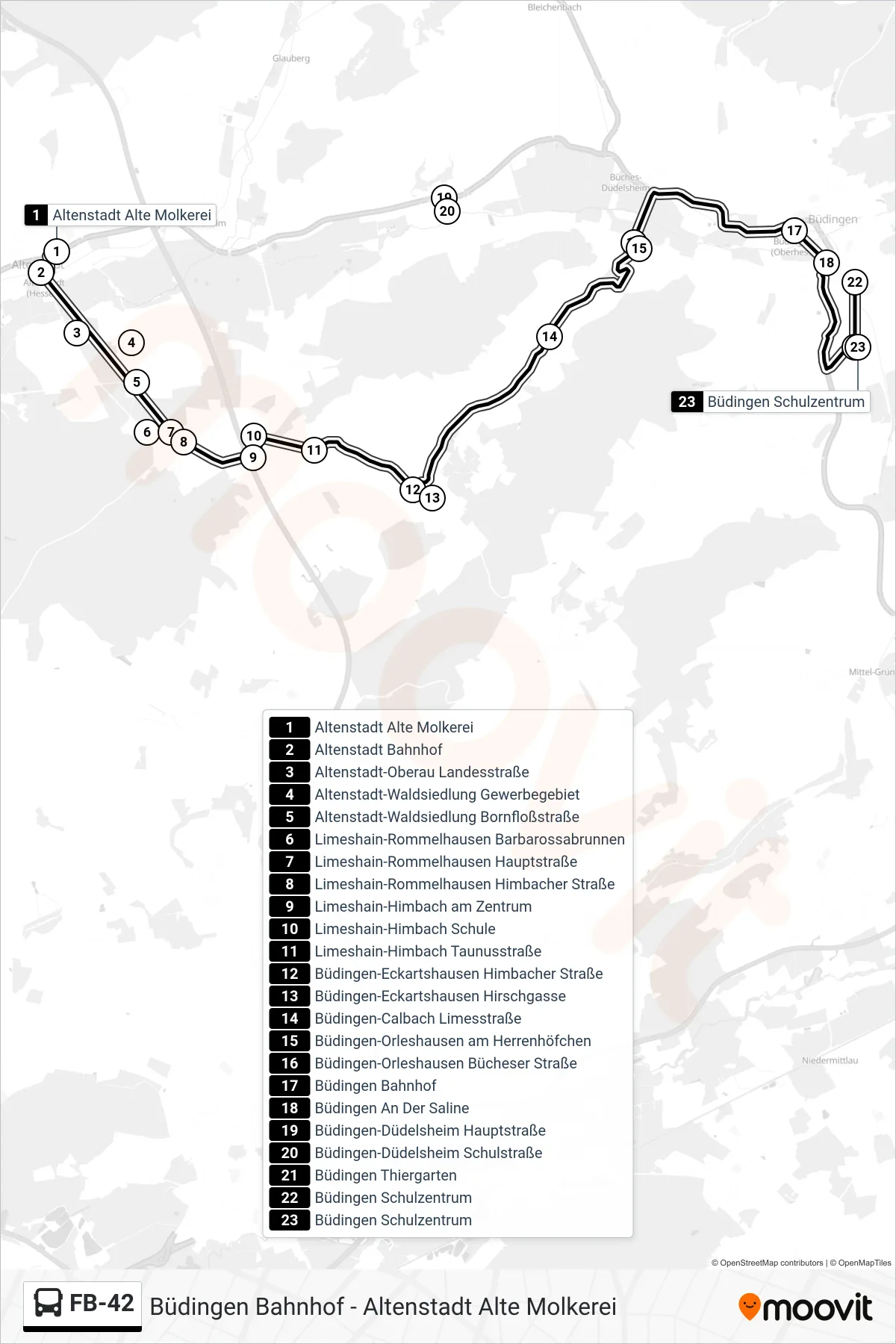 FB-42 bus Line (Büdingen Schulzentrum) route and stops on a map