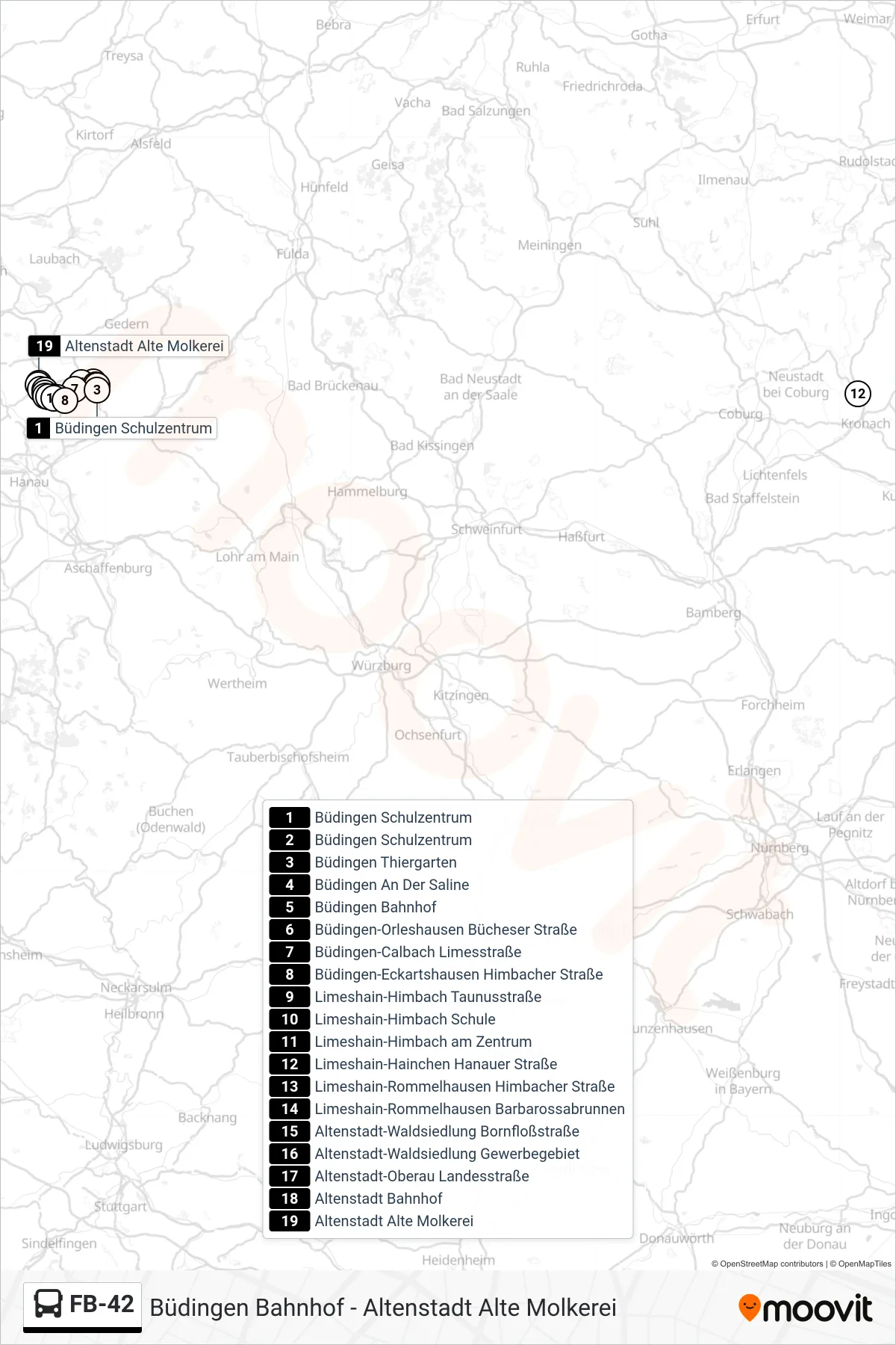 FB-42 bus Line (Altenstadt Alte Molkerei) route and stops on a map