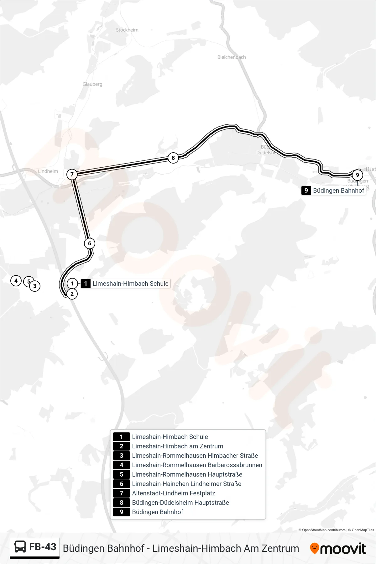 FB-43 bus Line (Büdingen Bahnhof) route and stops on a map