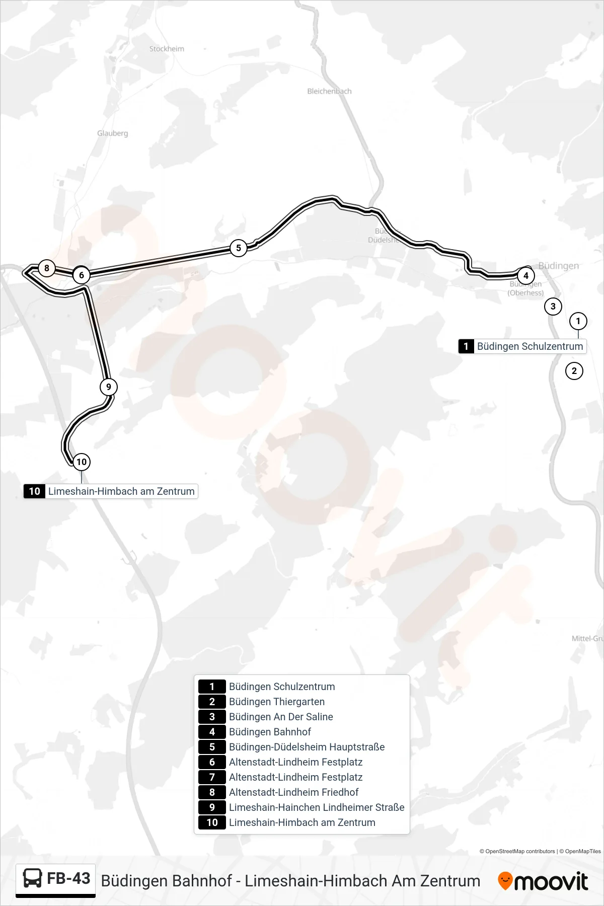FB-43 bus Line (Limeshain-Himbach am Zentrum) route and stops on a map