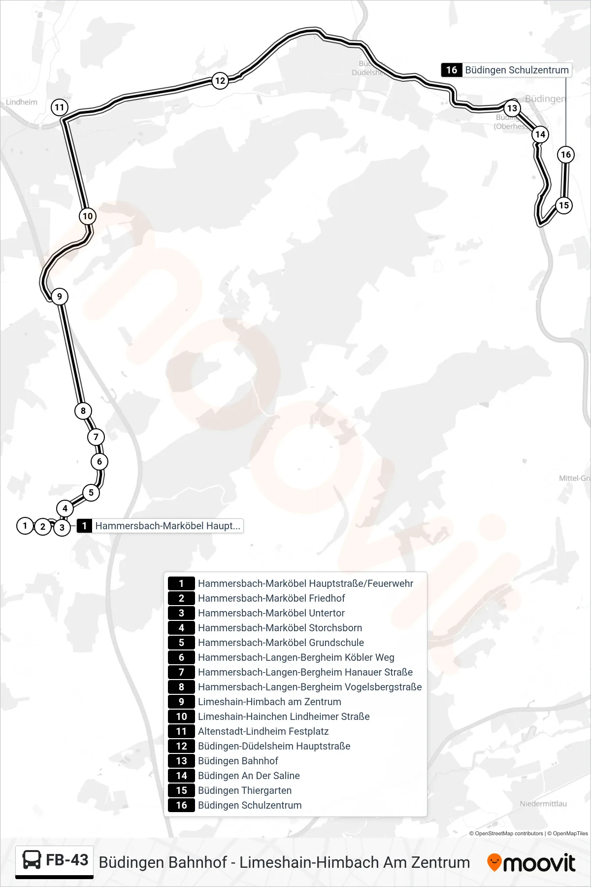 FB-43 bus Line (Büdingen Schulzentrum) route and stops on a map
