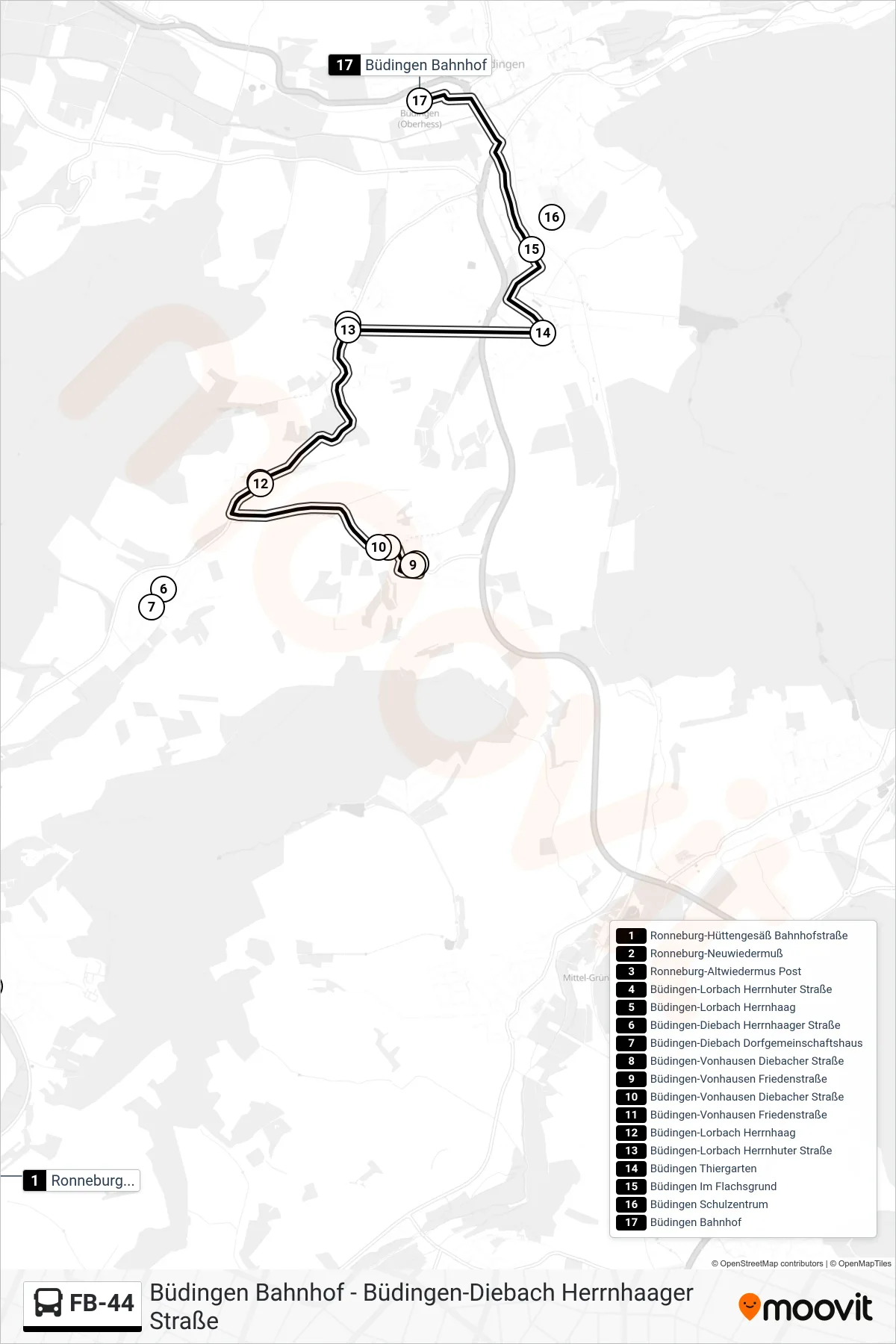 FB-44 bus Line (Büdingen Bahnhof) route and stops on a map