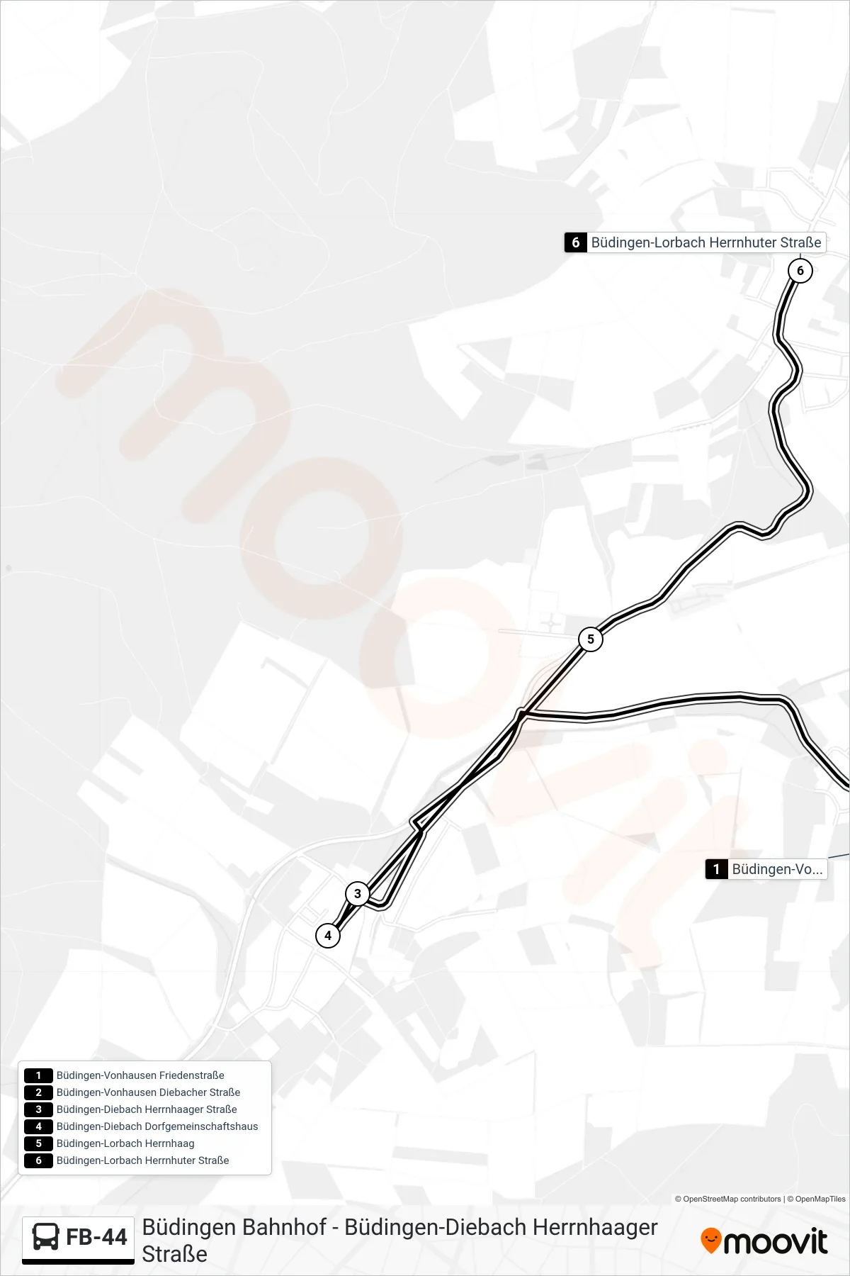 FB-44 bus Line (Büdingen-Lorbach Herrnhuter Straße) route and stops on a map