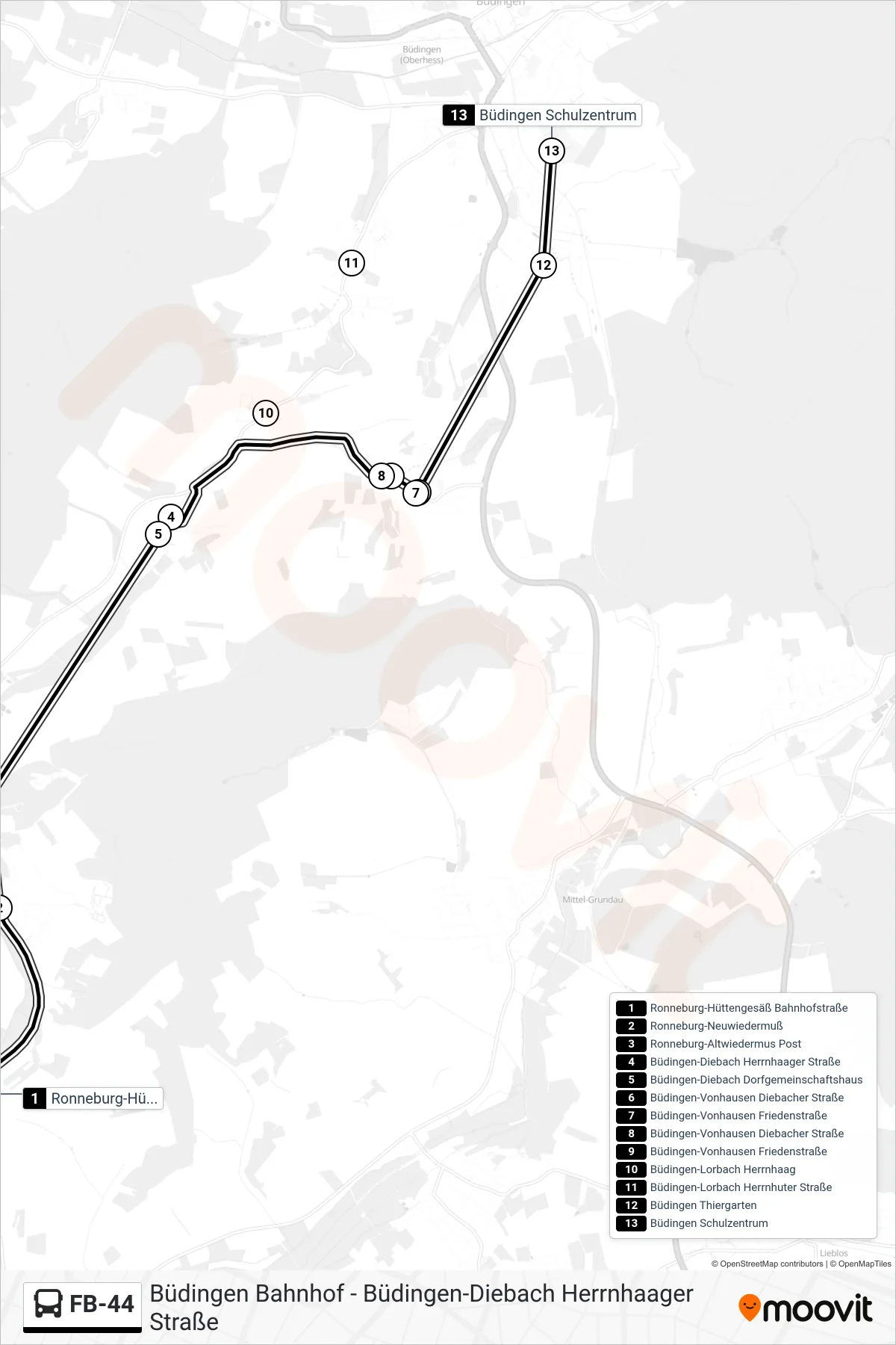 FB-44 bus Line (Büdingen Schulzentrum) route and stops on a map