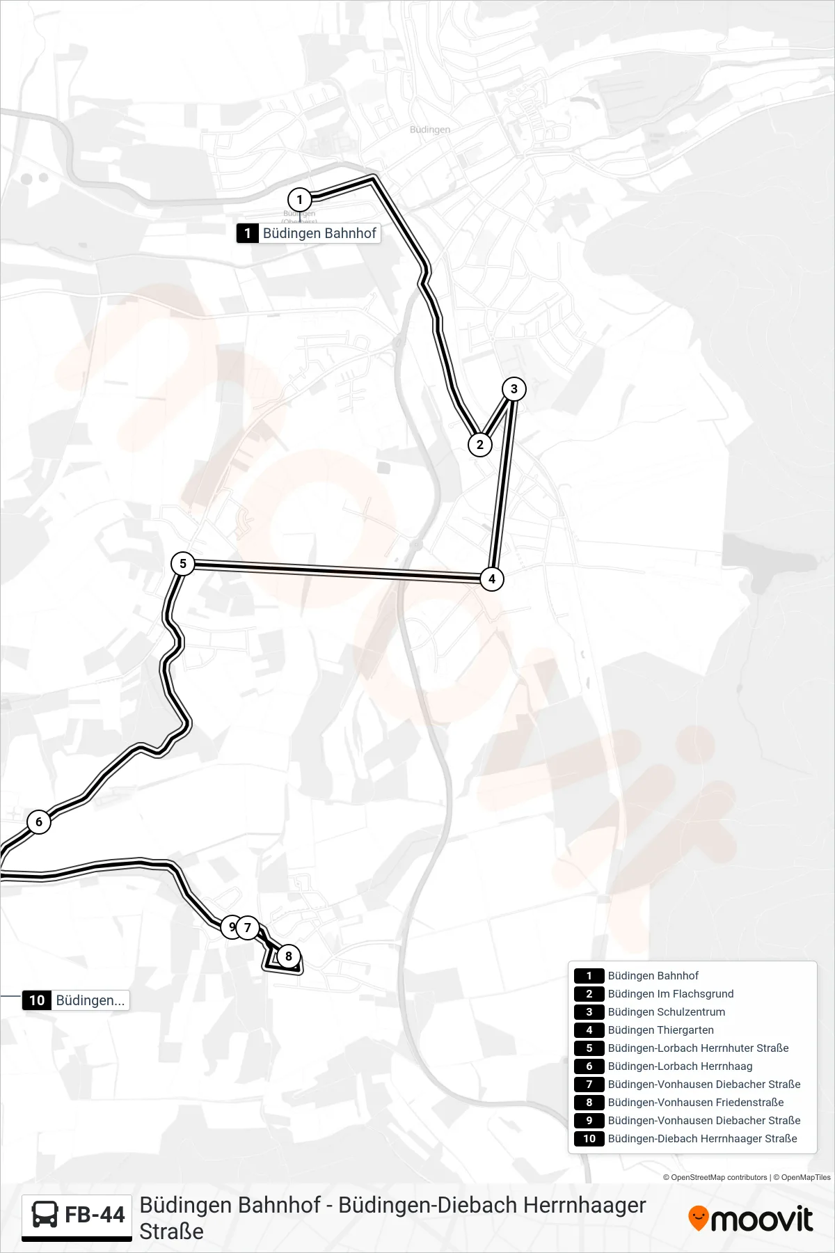Linie FB-44 (Bus) Richtung Büdingen-Diebach Herrnhaager Straße: Route und Haltestellen auf der Karte