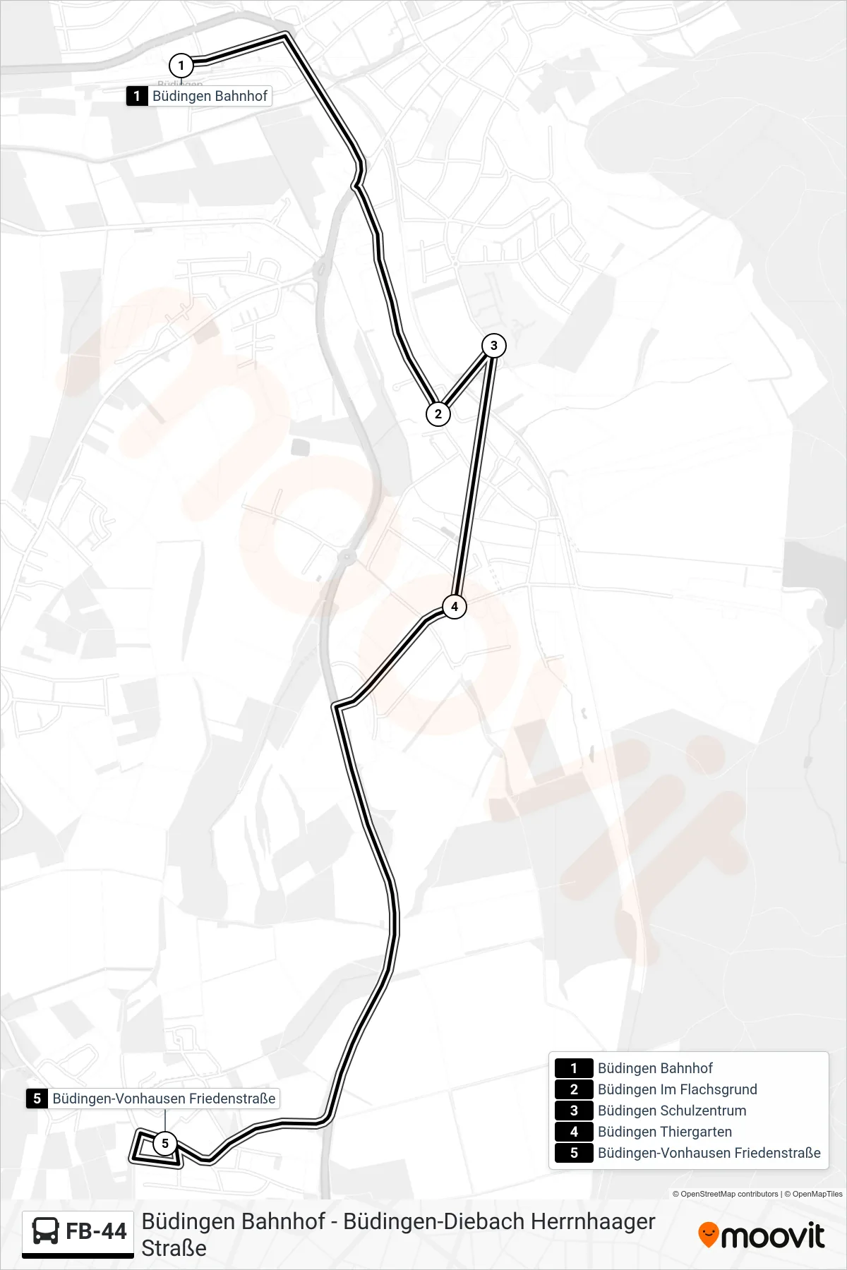 FB-44 bus Line (Büdingen-Vonhausen Friedenstraße) route and stops on a map