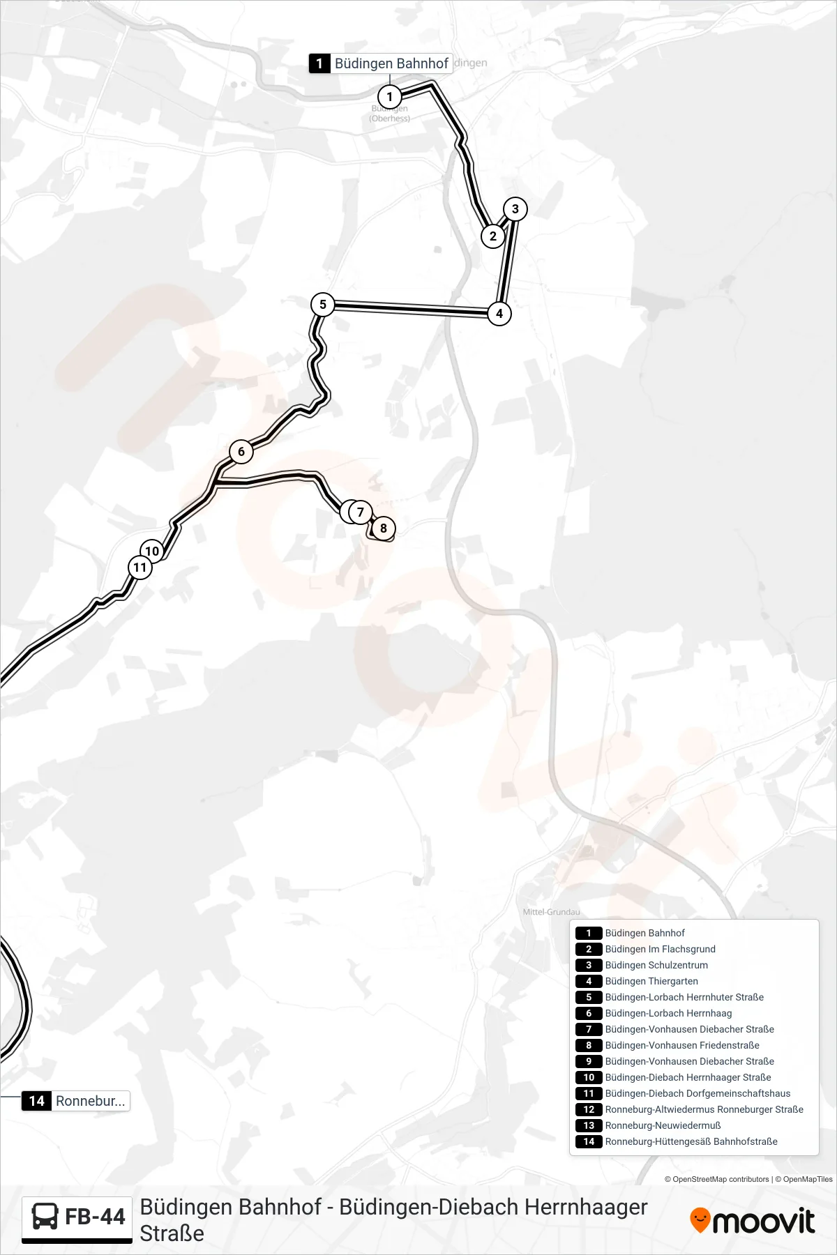 FB-44 bus Line (Ronneburg-Hüttengesäß Bahnhofstraße) route and stops on a map