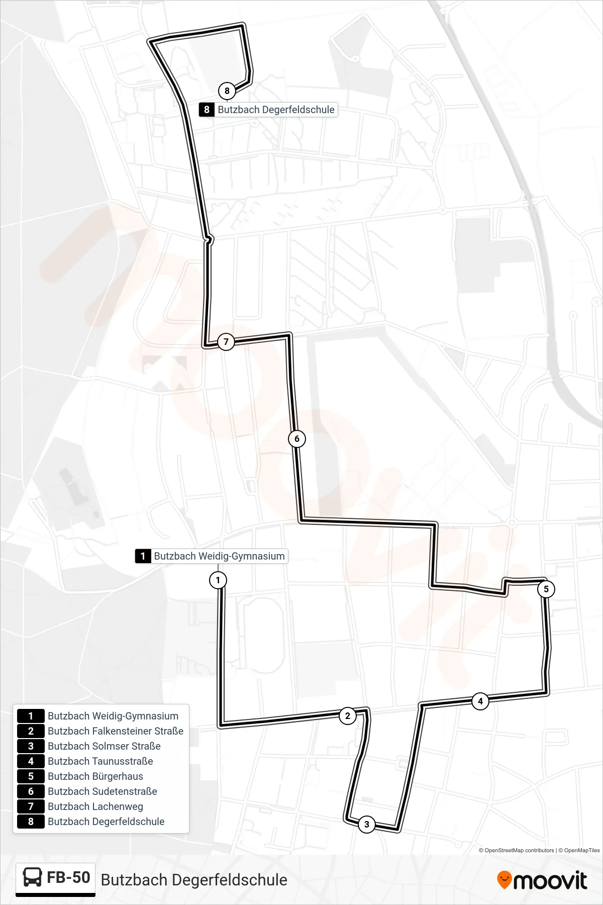 FB-50 bus Line (Butzbach Degerfeldschule) route and stops on a map