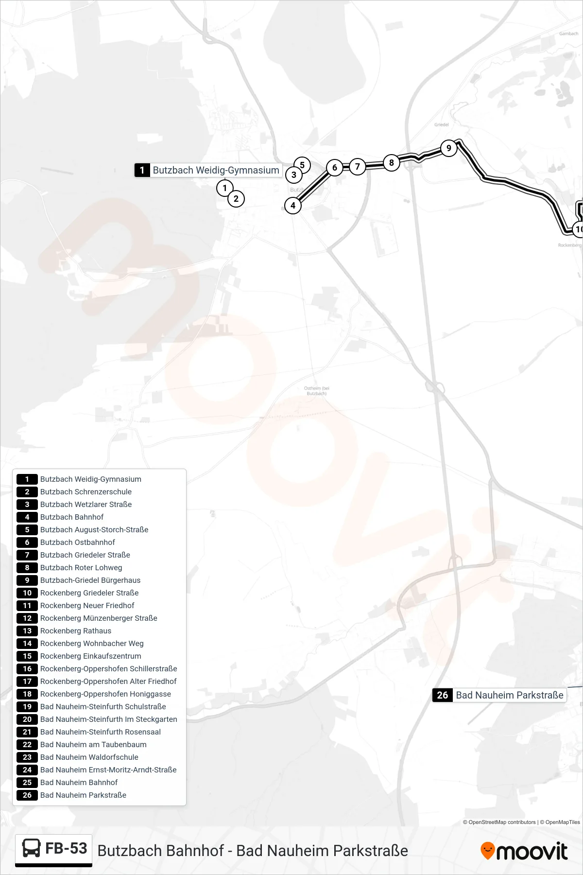 FB-53 bus Line (Bad Nauheim Parkstraße) route and stops on a map