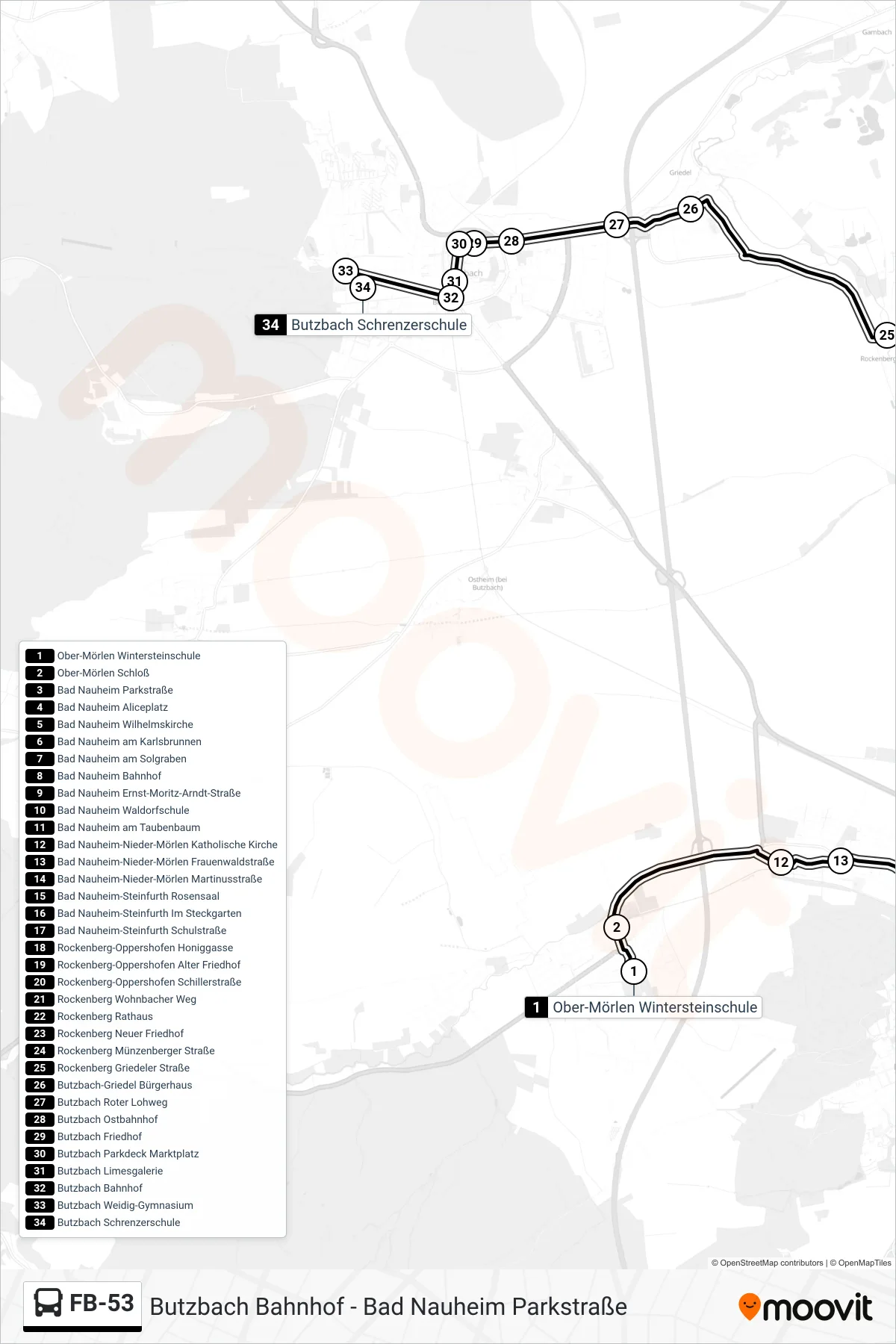 FB-53 bus Line (Butzbach Schrenzerschule) route and stops on a map