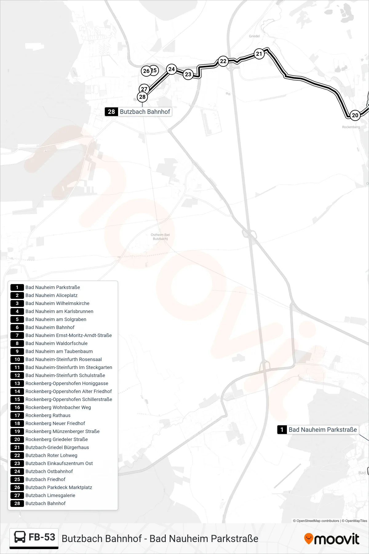 FB-53 bus Line (Butzbach Bahnhof) route and stops on a map