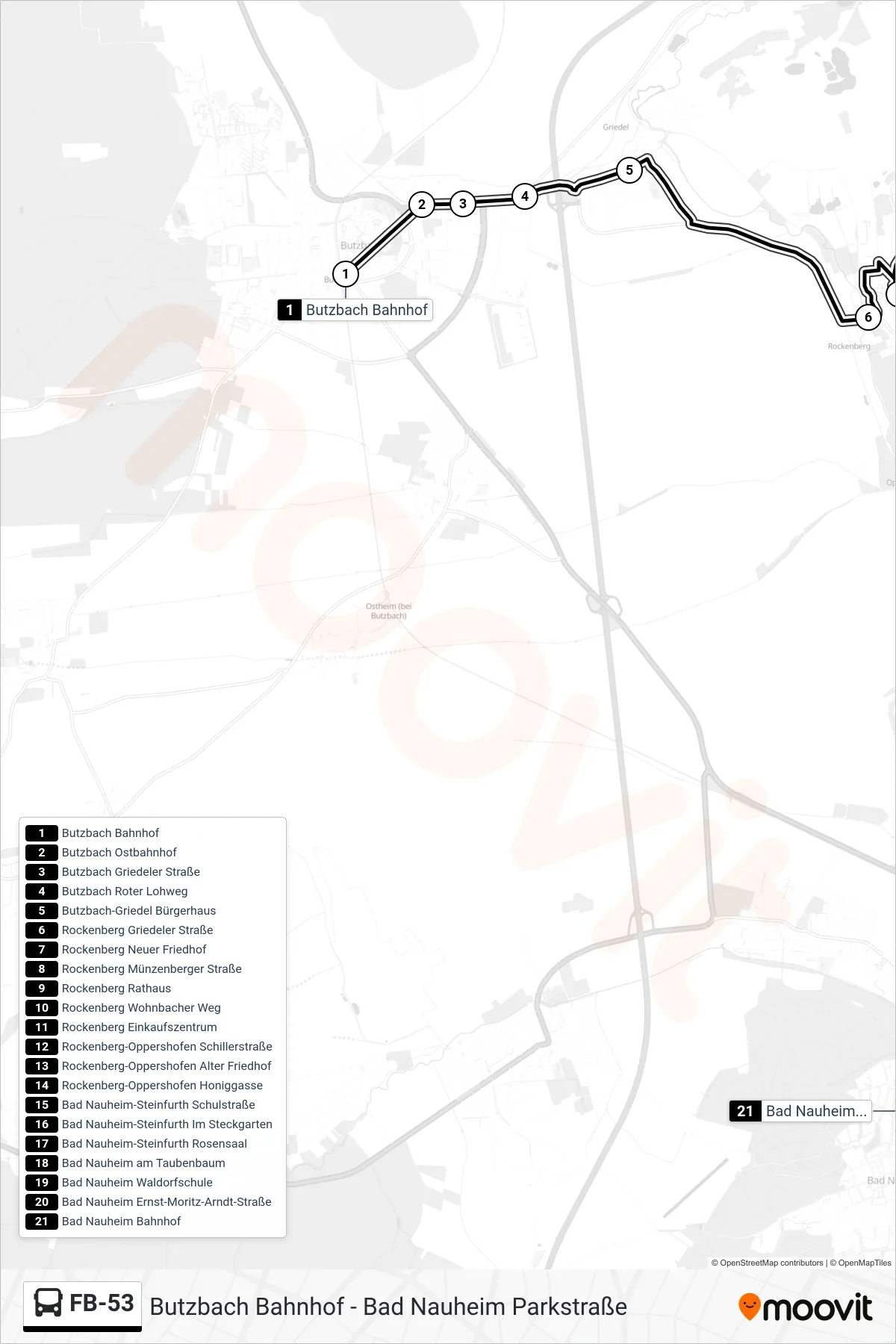FB-53 bus Line (Bad Nauheim Bahnhof) route and stops on a map