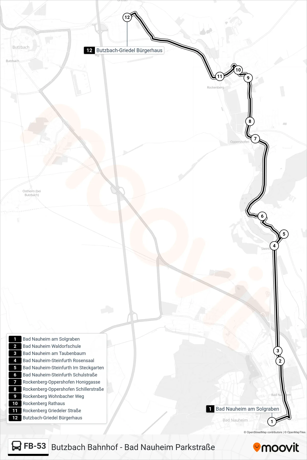 FB-53 bus Line (Butzbach-Griedel Bürgerhaus) route and stops on a map