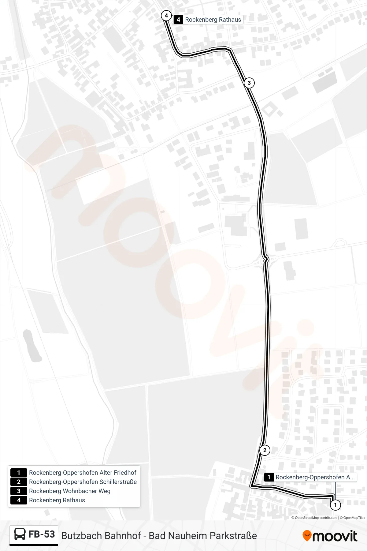 FB-53 bus Line (Rockenberg Rathaus) route and stops on a map