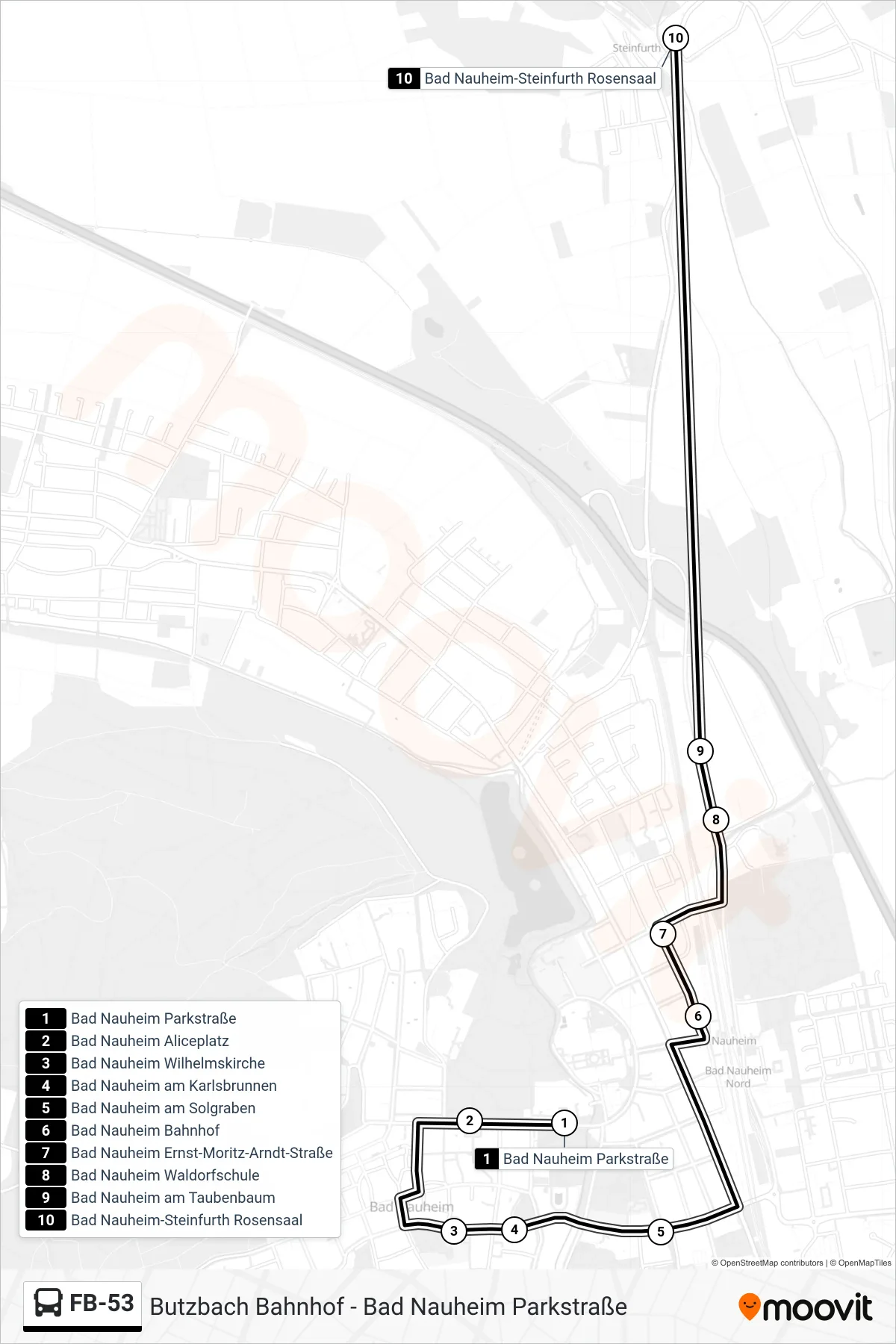 FB-53 bus Line (Bad Nauheim-Steinfurth Rosensaal) route and stops on a map