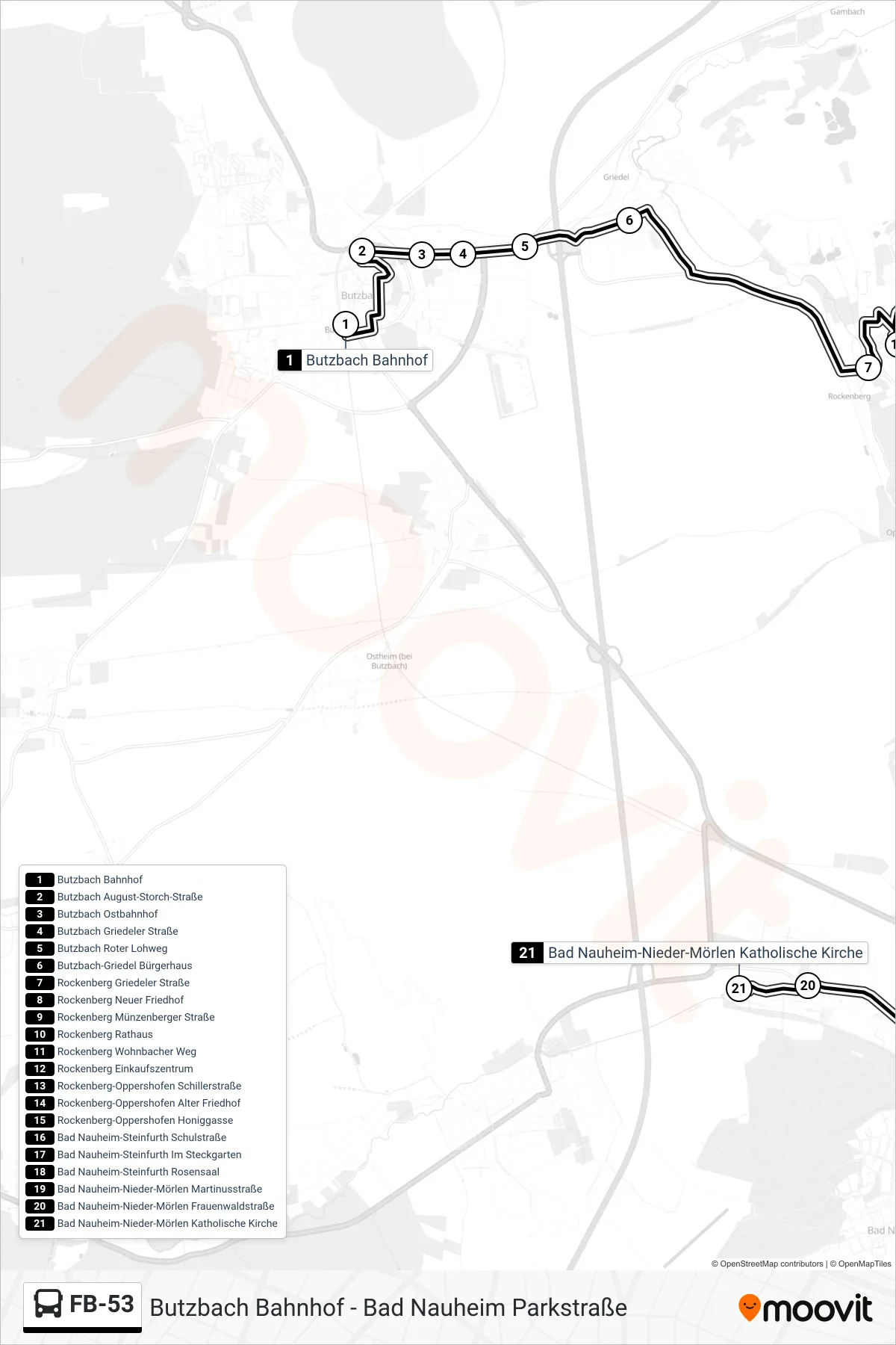 FB-53 bus Line (Bad Nauheim-Nieder-Mörlen Katholische Kirche) route and stops on a map