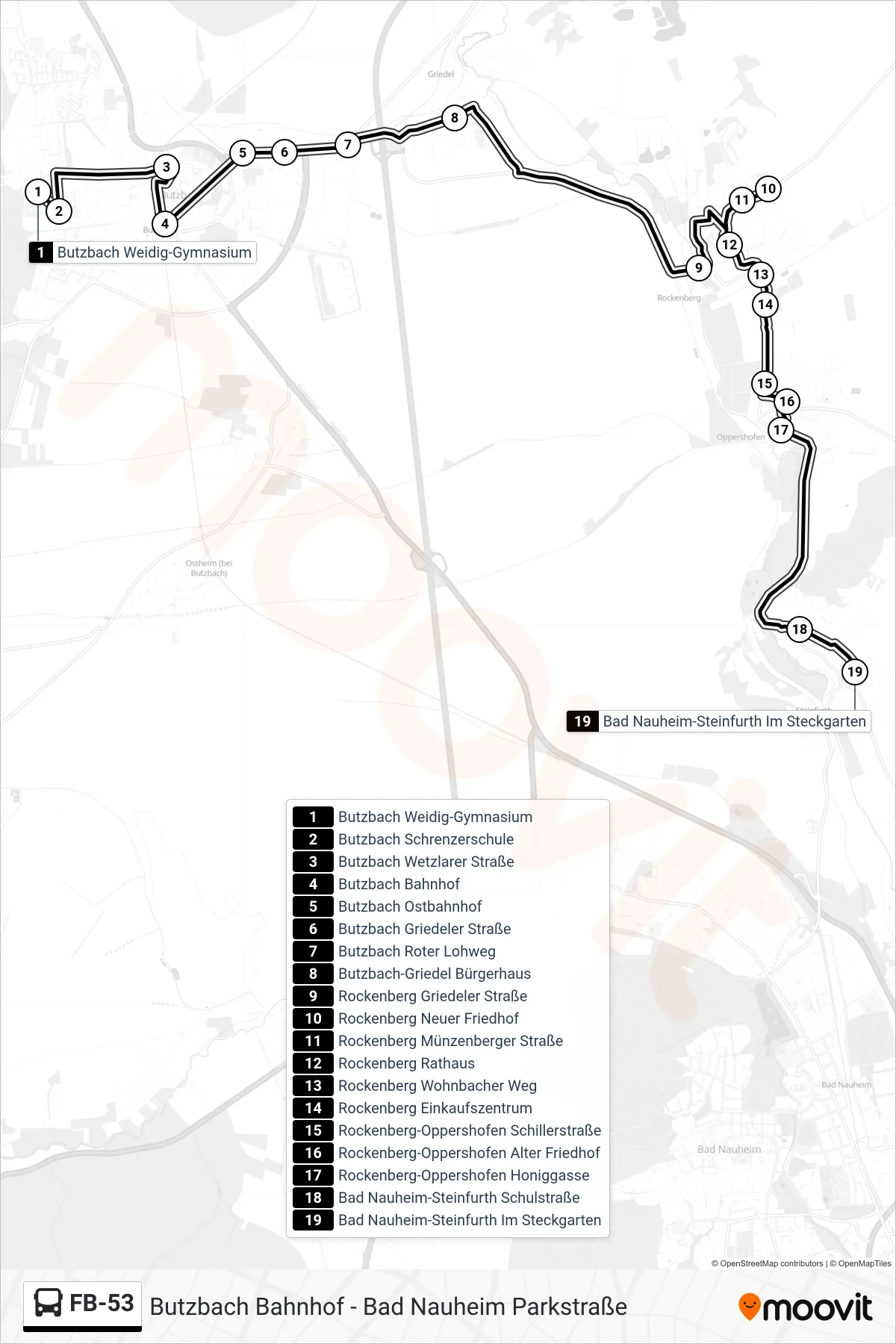 FB-53 bus Line (Bad Nauheim-Steinfurth Im Steckgarten) route and stops on a map