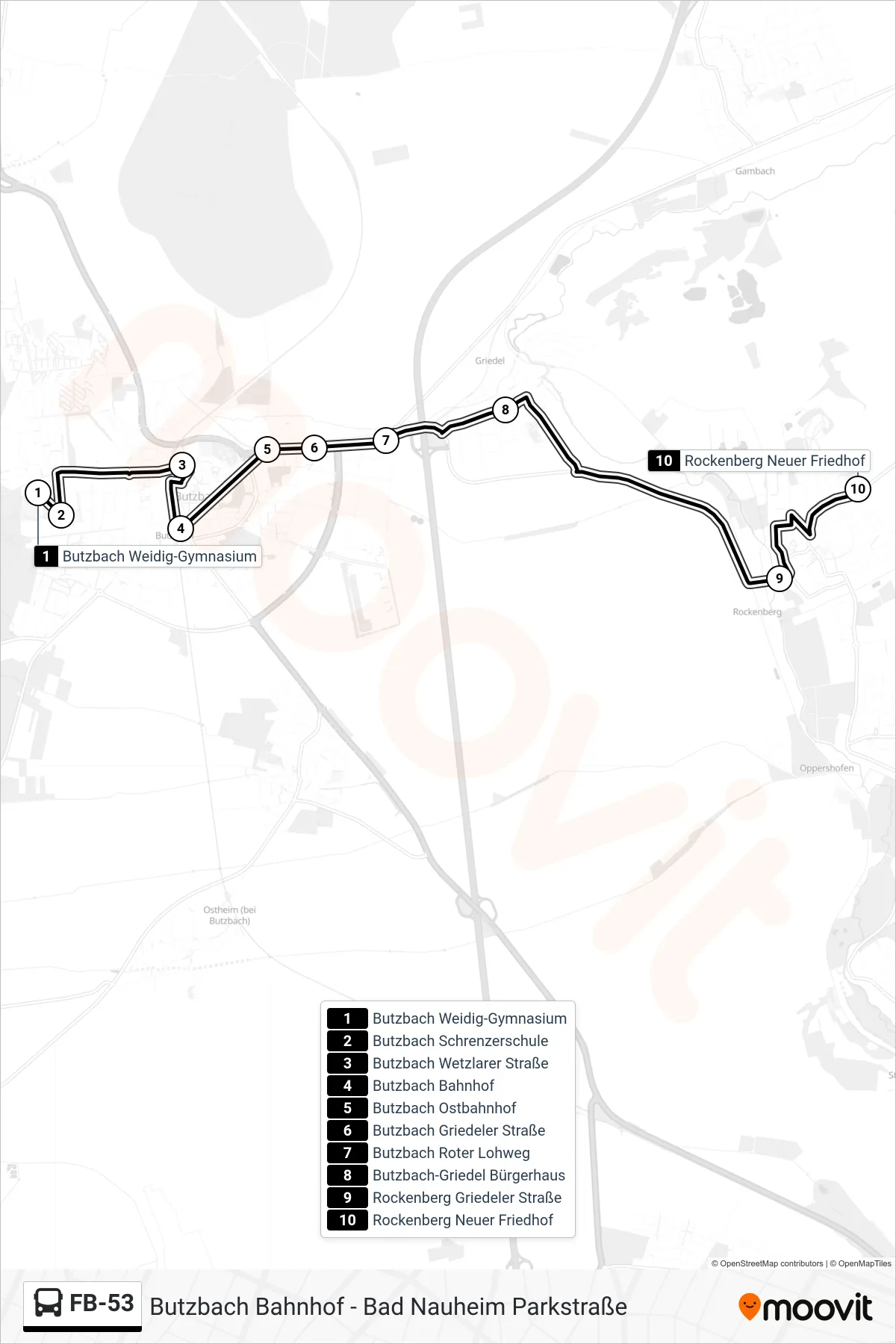 FB-53 bus Line (Rockenberg Neuer Friedhof) route and stops on a map
