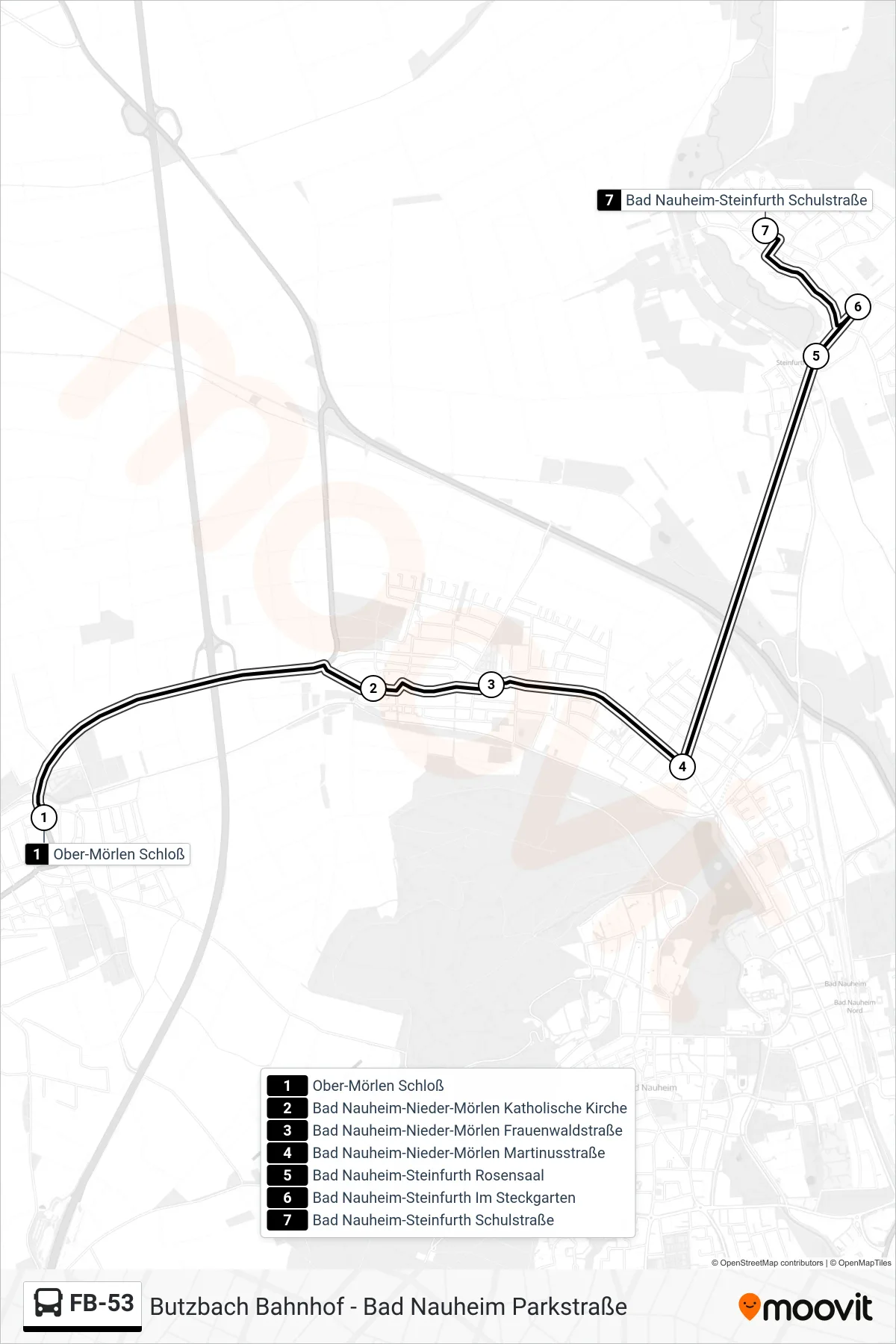 FB-53 bus Line (Bad Nauheim-Steinfurth Schulstraße) route and stops on a map