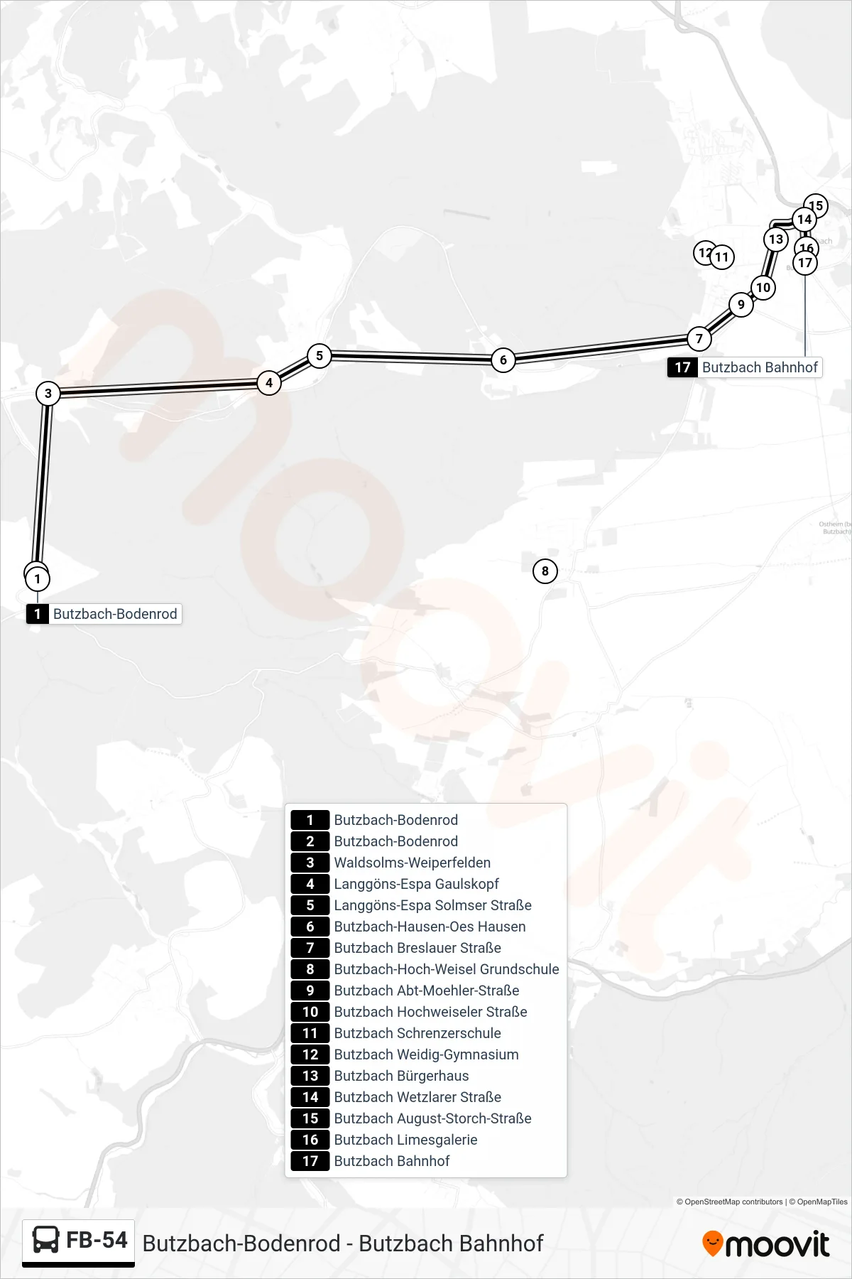 FB-54 bus Line (Butzbach Bahnhof) route and stops on a map
