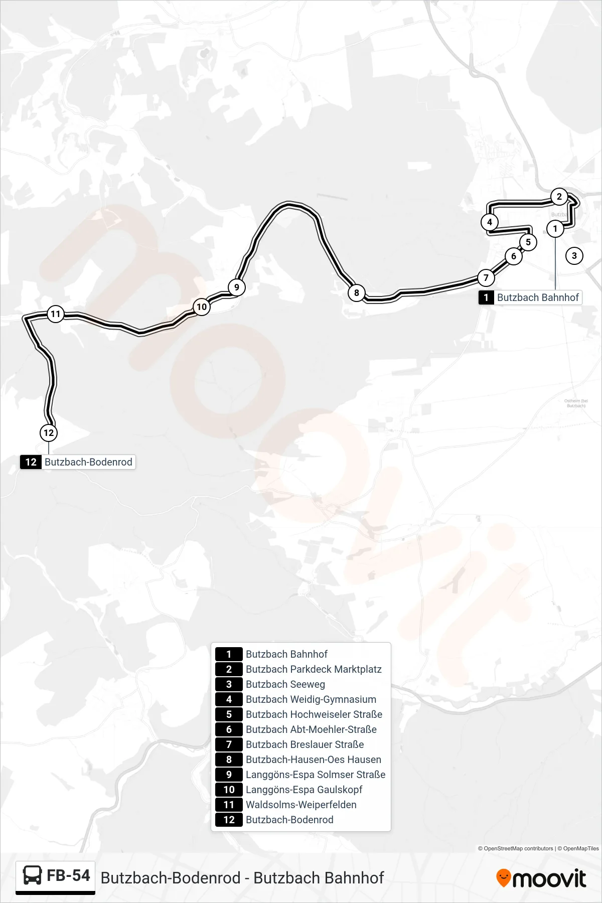 FB-54 bus Line (Butzbach-Bodenrod) route and stops on a map