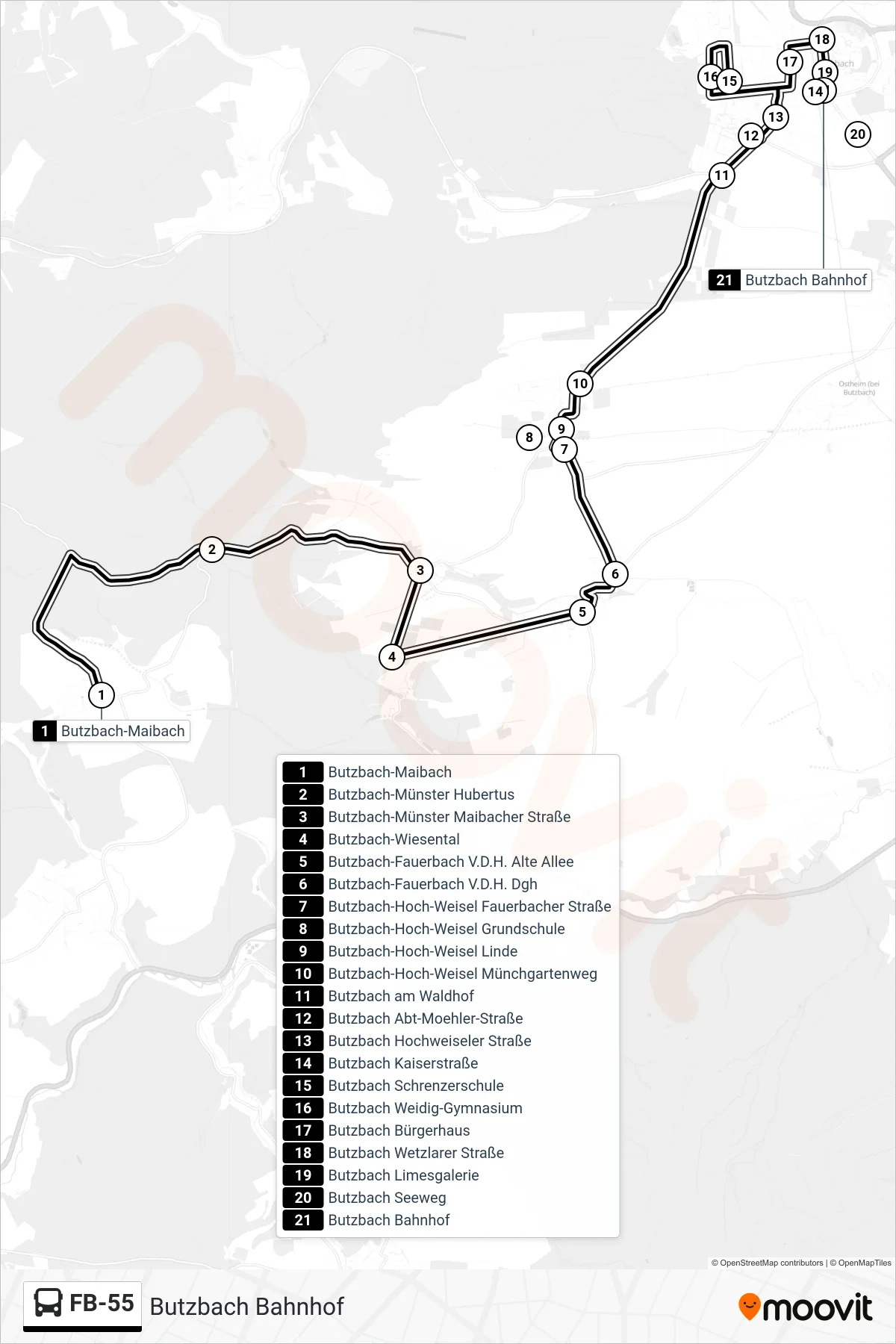 FB-55 bus Line (Butzbach Bahnhof) route and stops on a map