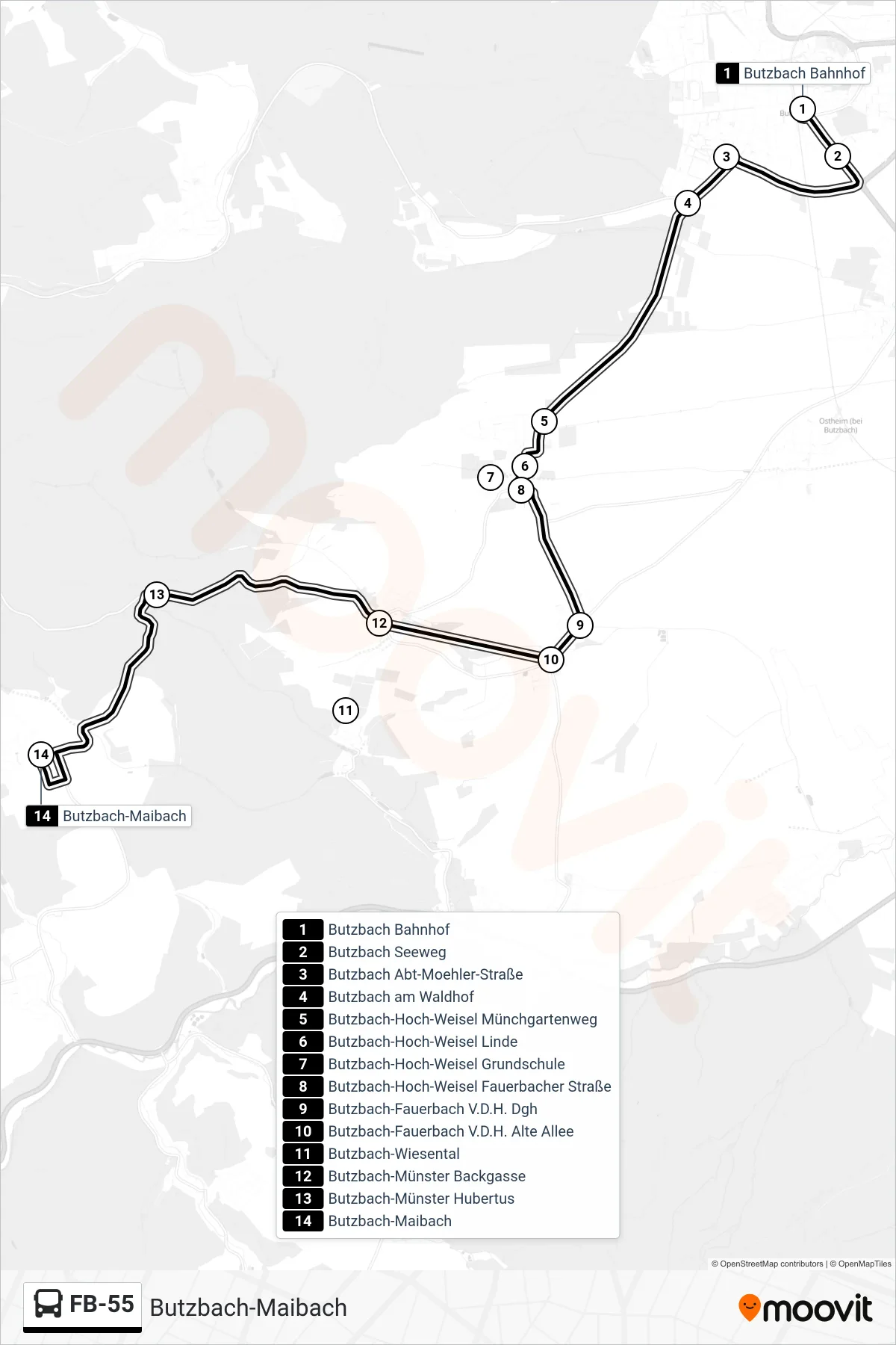 FB-55 bus Line (Butzbach-Maibach) route and stops on a map