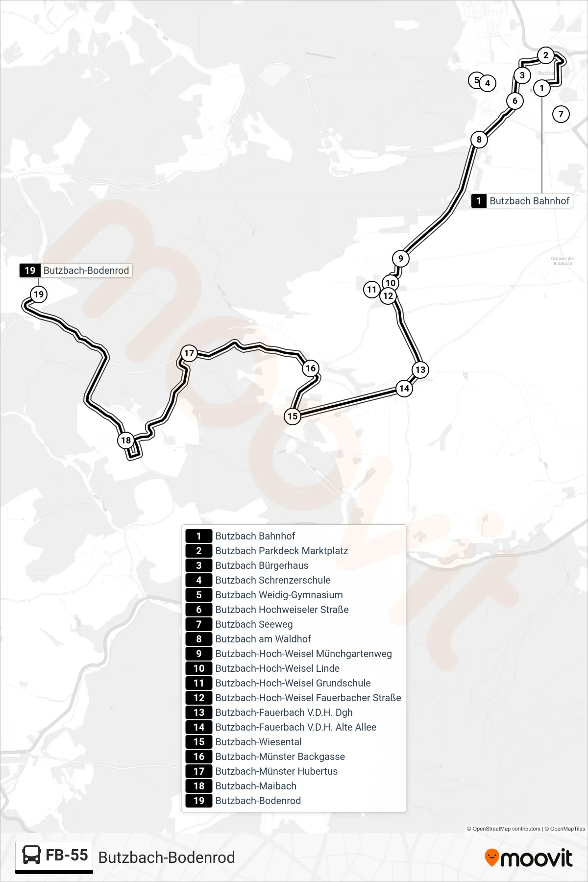 Linie FB-55 (Bus) Richtung Butzbach-Bodenrod: Route und Haltestellen auf der Karte