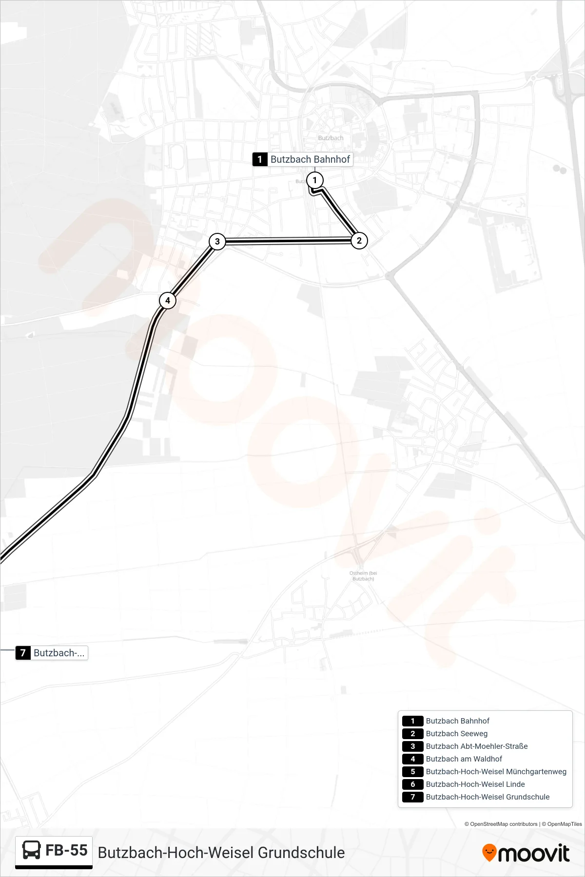 FB-55 bus Line (Butzbach-Hoch-Weisel Grundschule) route and stops on a map
