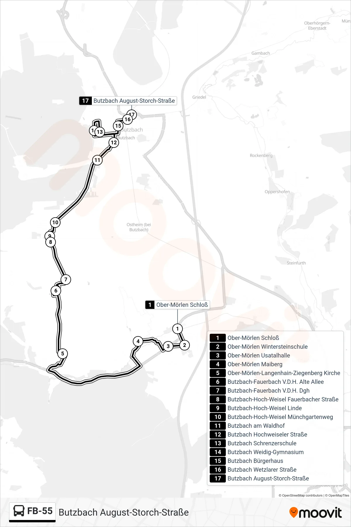 FB-55 bus Line (Butzbach August-Storch-Straße) route and stops on a map