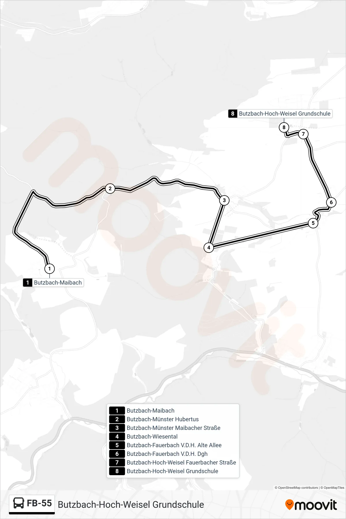 FB-55 bus Line (Butzbach-Hoch-Weisel Grundschule) route and stops on a map
