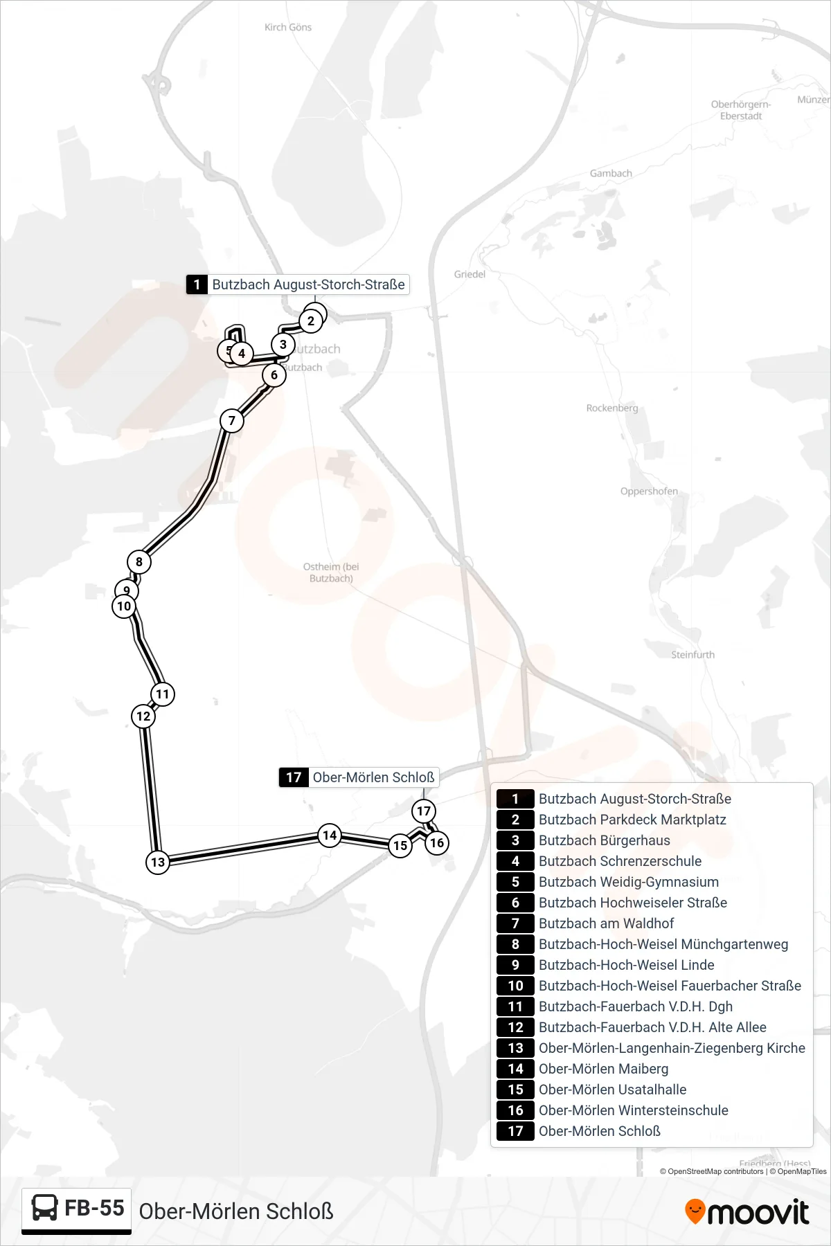 FB-55 bus Line (Ober-Mörlen Schloß) route and stops on a map