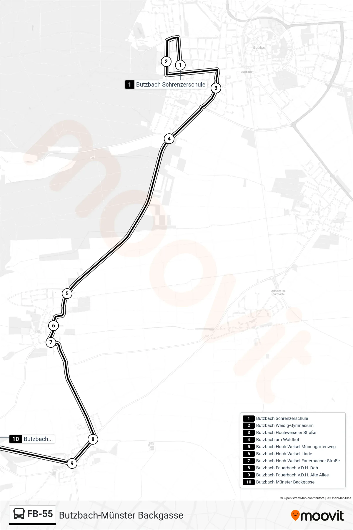 FB-55 bus Line (Butzbach-Münster Backgasse) route and stops on a map
