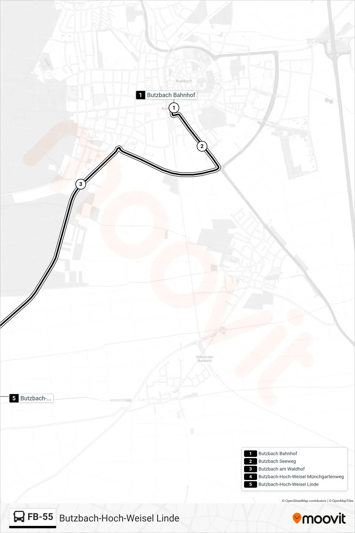 FB-55 bus Line (Butzbach-Hoch-Weisel Linde) route and stops on a map