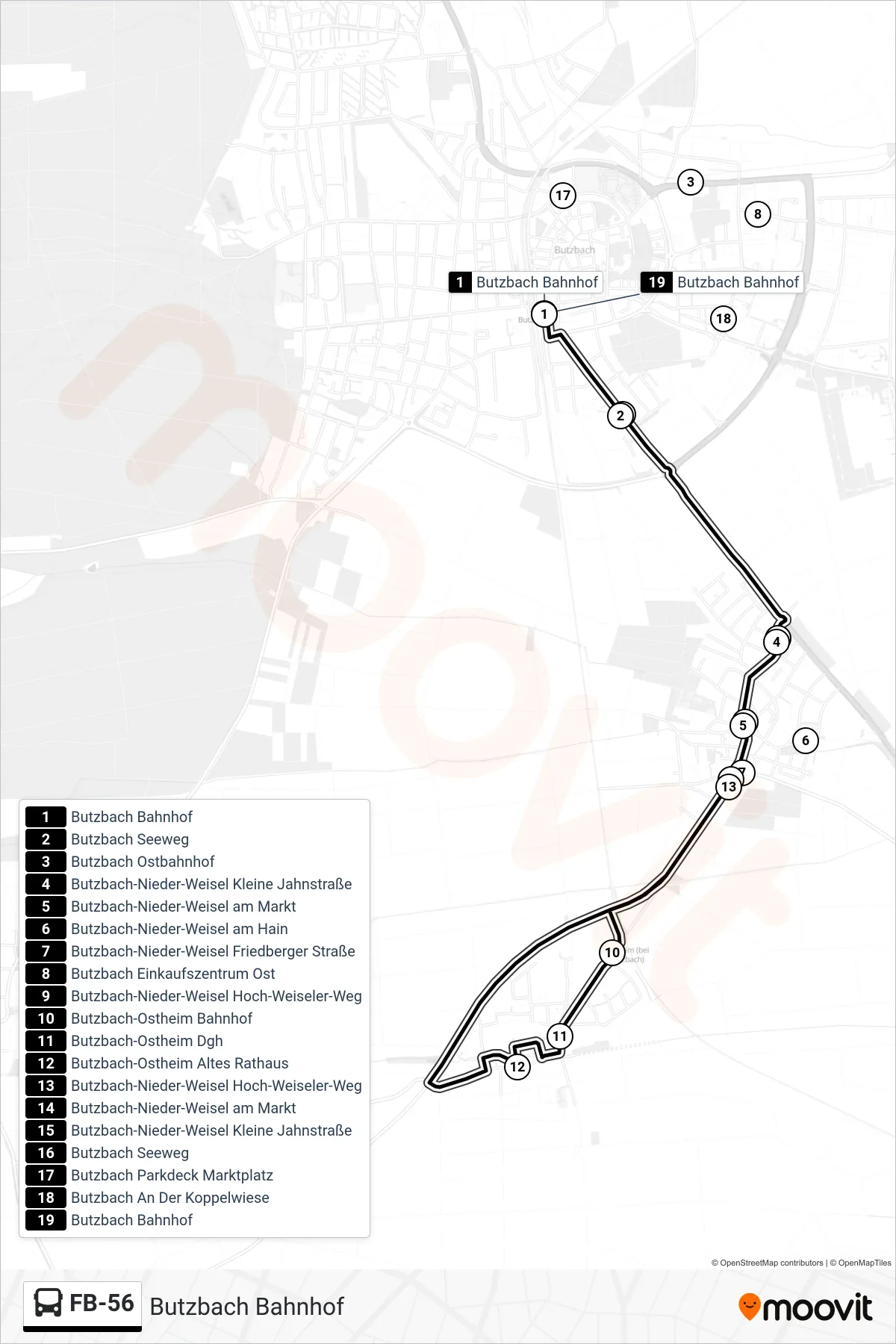 FB-56 bus Line (Butzbach Bahnhof) route and stops on a map
