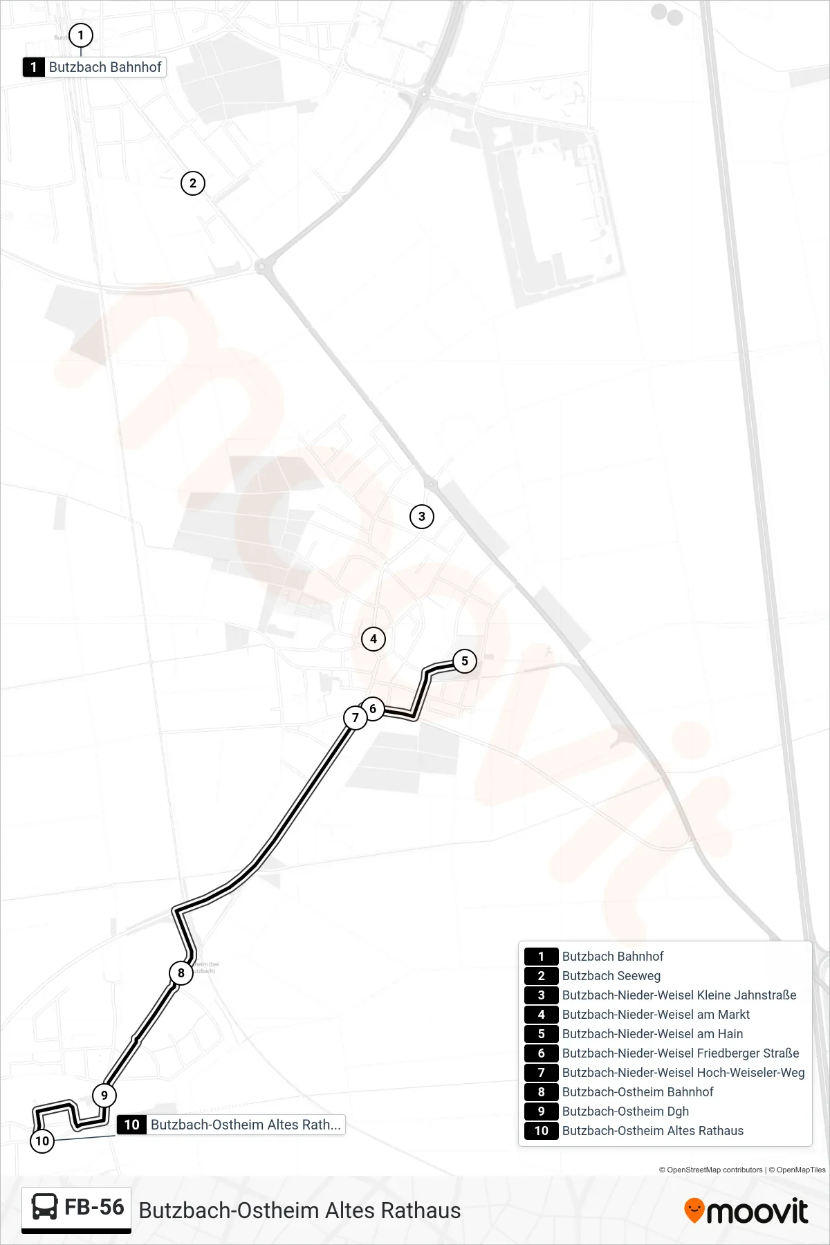 Linie FB-56 (Bus) Richtung Butzbach-Ostheim Altes Rathaus: Route und Haltestellen auf der Karte